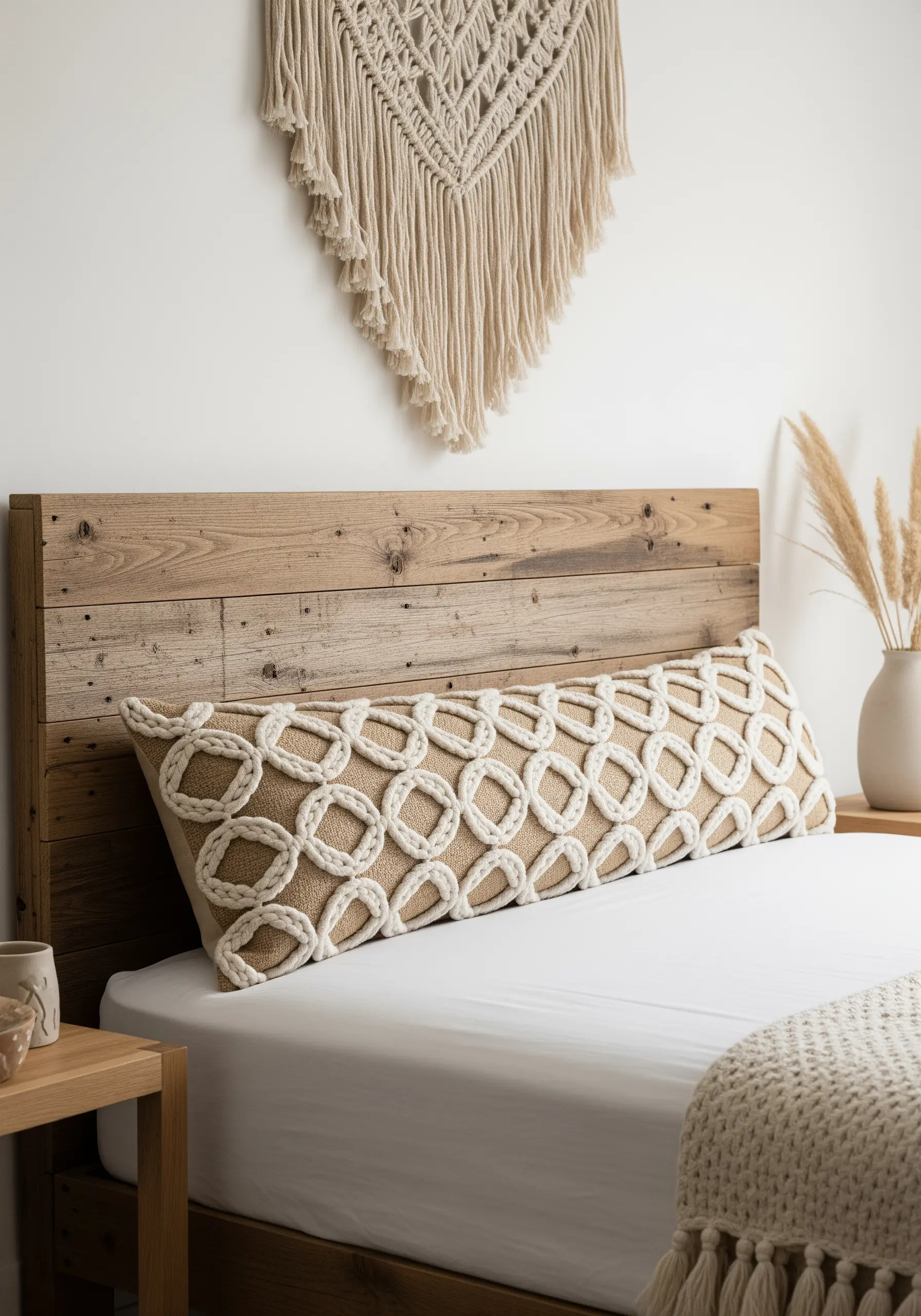 A long lumbar pillow on a rustic bed, featuring a woven pattern made from couched white rope.