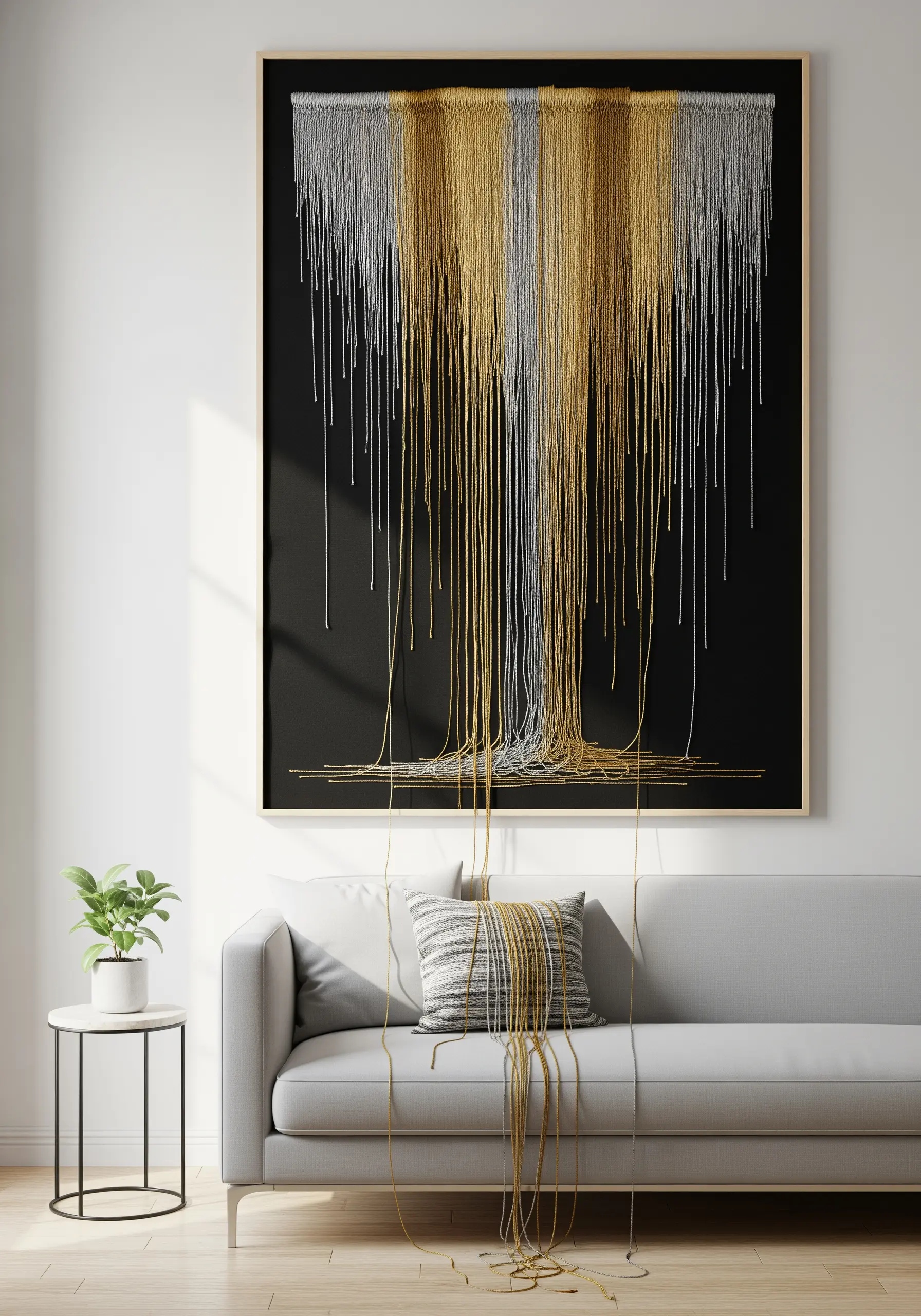 Gold and silver loose thread embroidery dripping down black canvas