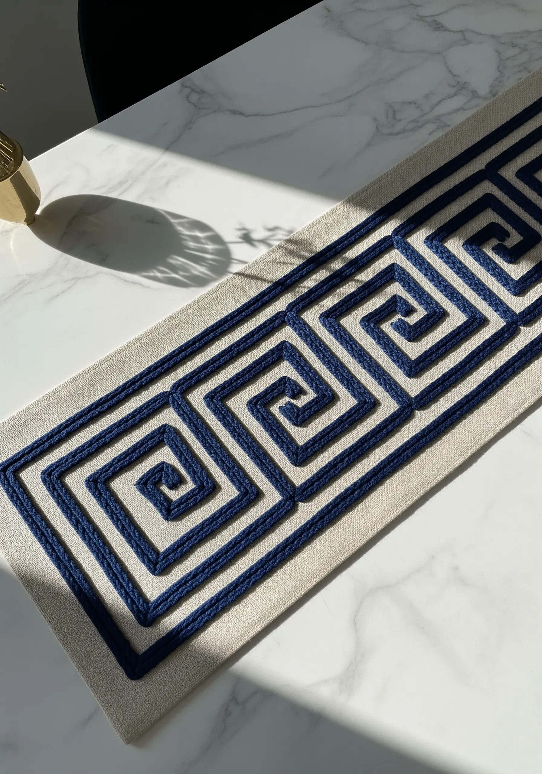 A table runner with a bold, 3D Greek Key border embroidered in navy blue cord.