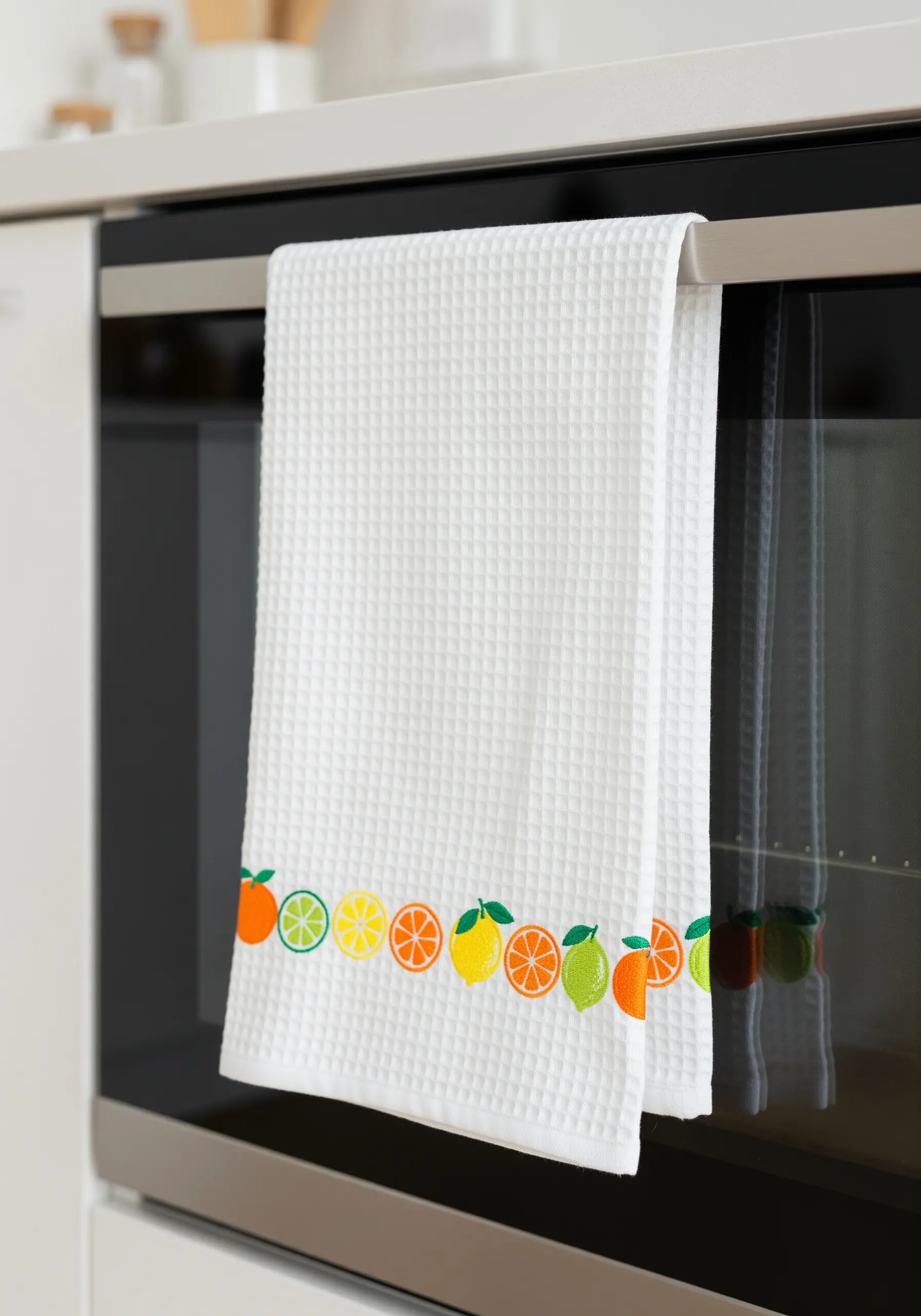 White waffle weave kitchen towel hanging on an oven door with a row of embroidered citrus slices