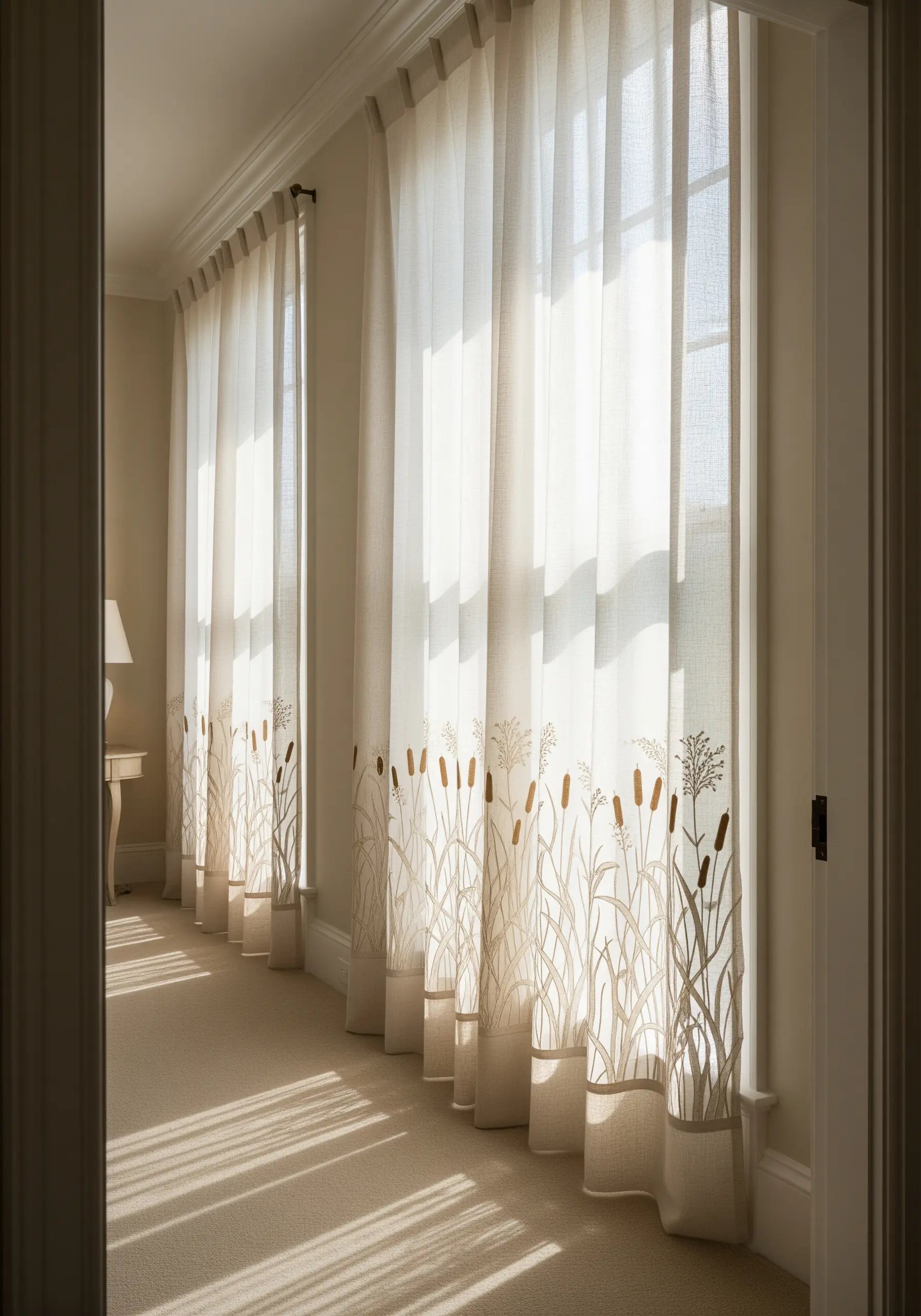 Embroidered cattails and reeds along the bottom of sheer cream curtains.