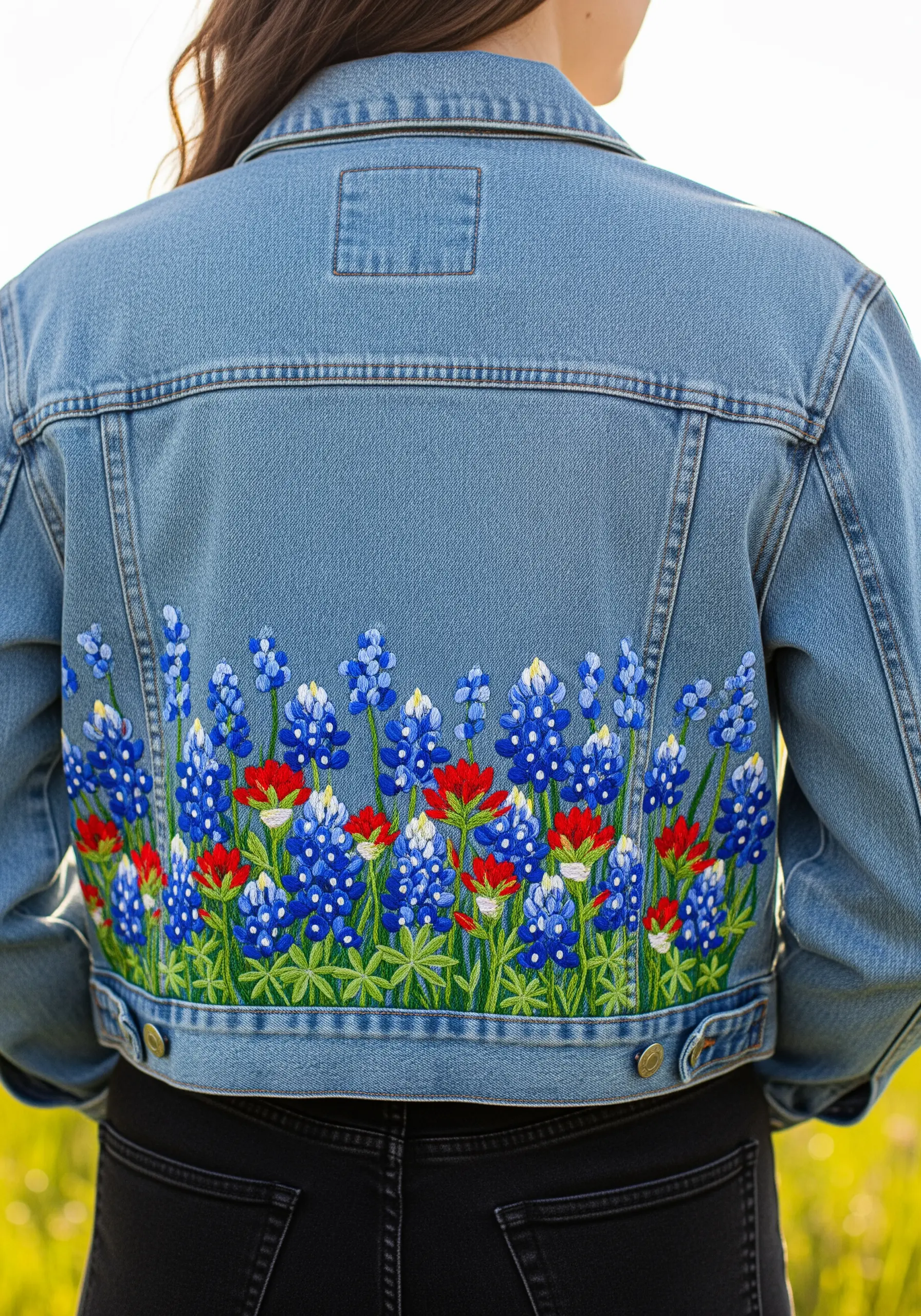 A field of bluebonnets and red flowers embroidered along the hem of a denim jacket.
