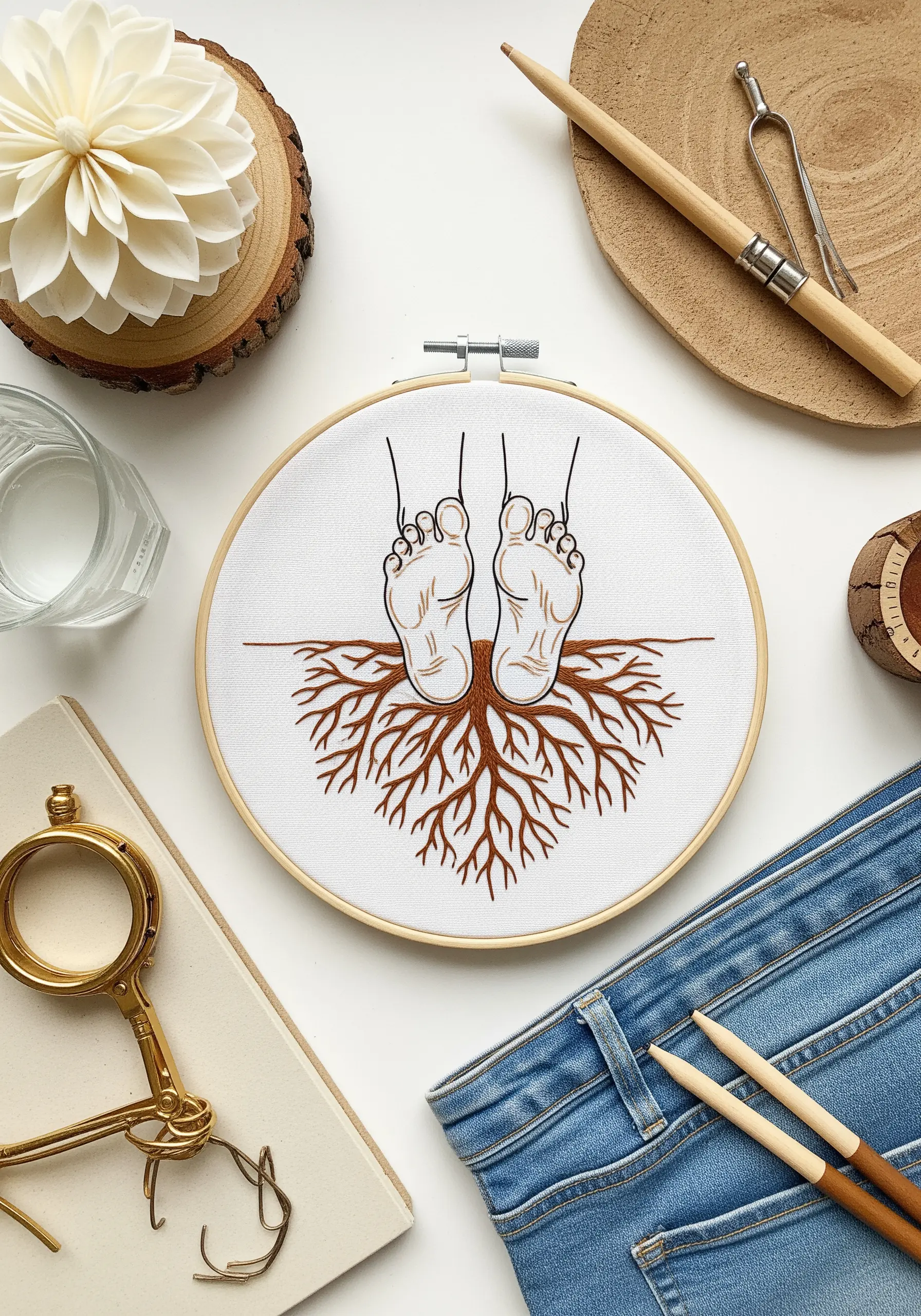 Embroidery of feet with an intricate root system spreading below, stitched in brown thread.
