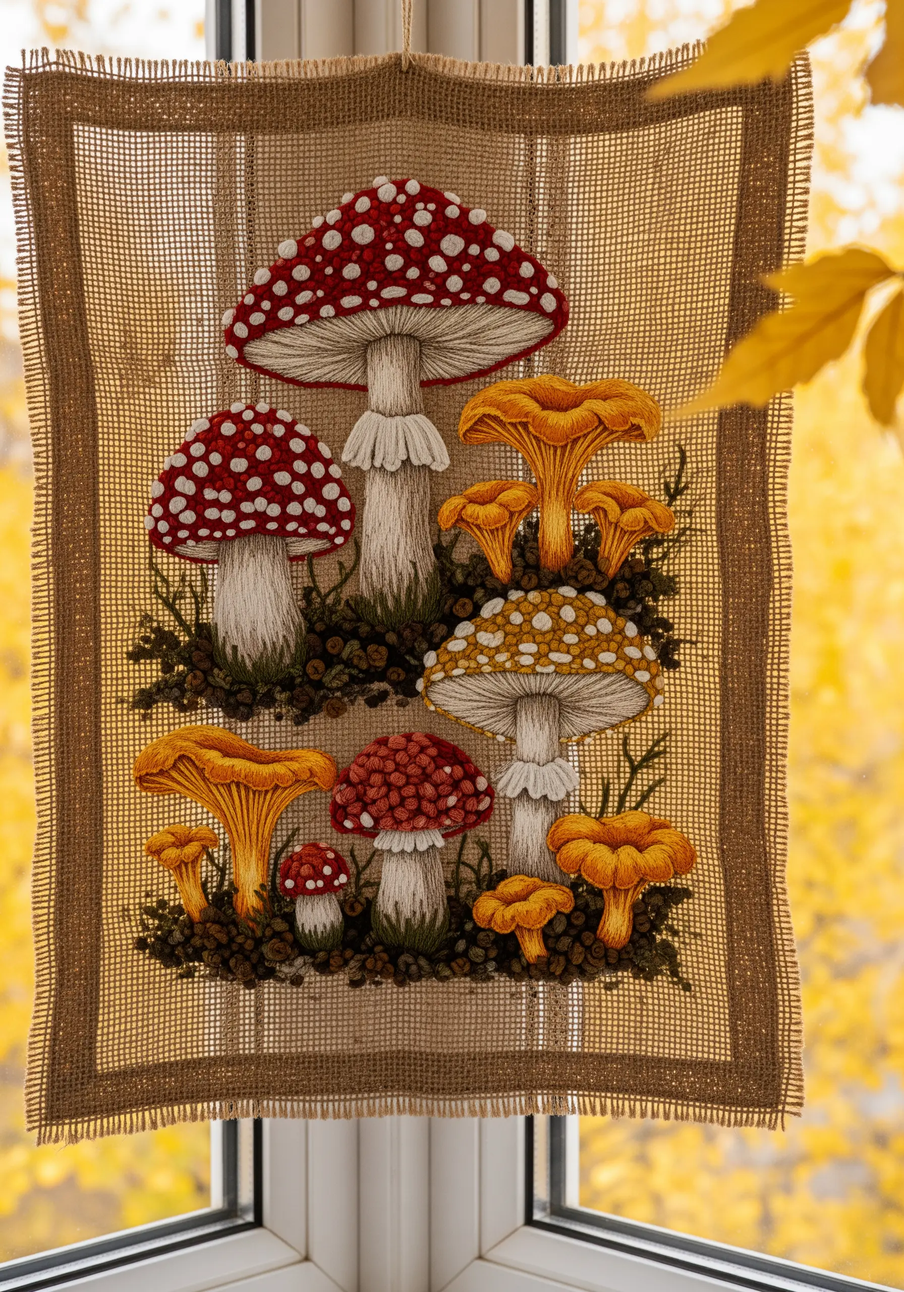 A collection of embroidered mushrooms on a rustic burlap wall hanging.