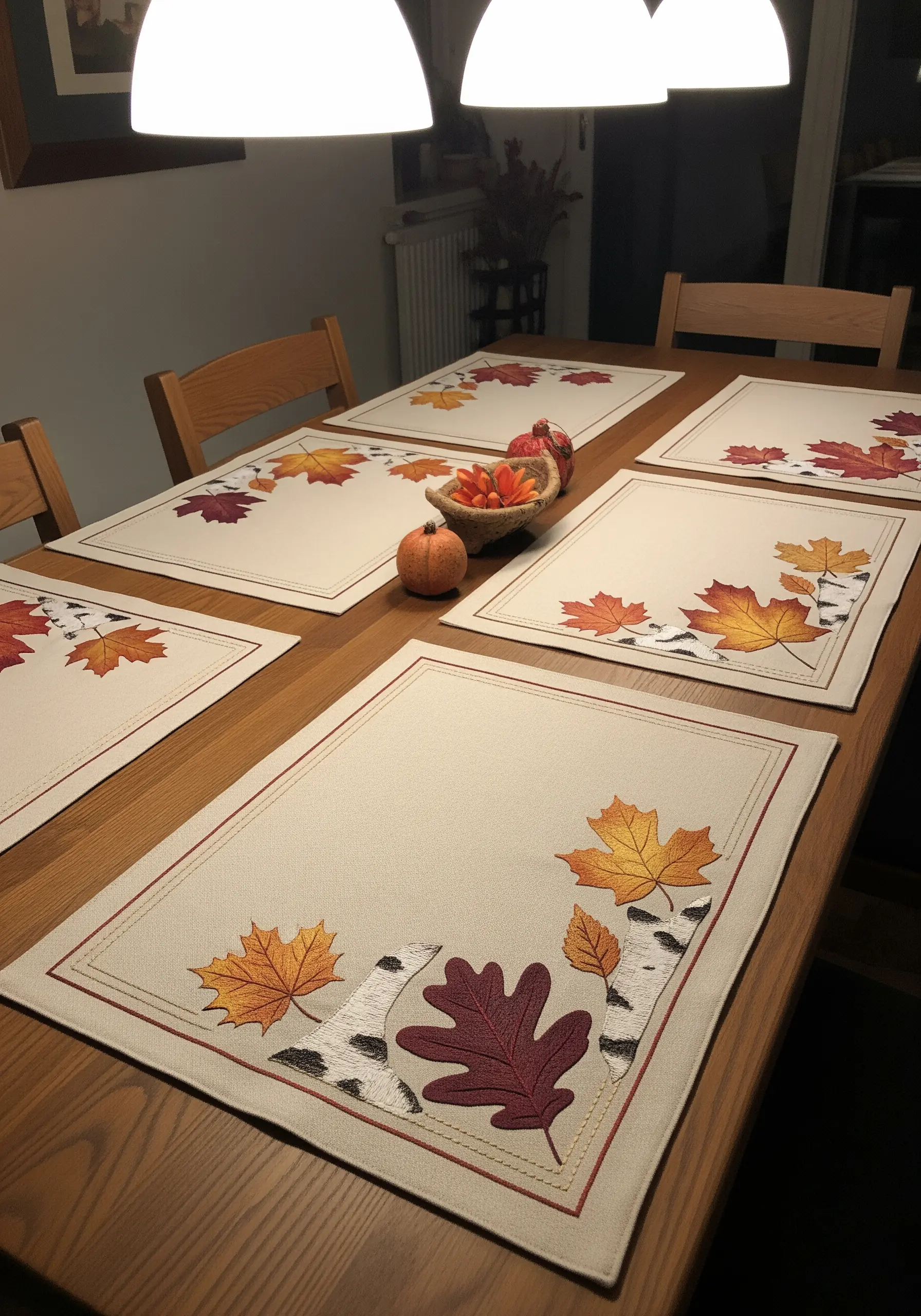 Embroidered placemats with appliqué and stitched autumn leaves and birch bark details.