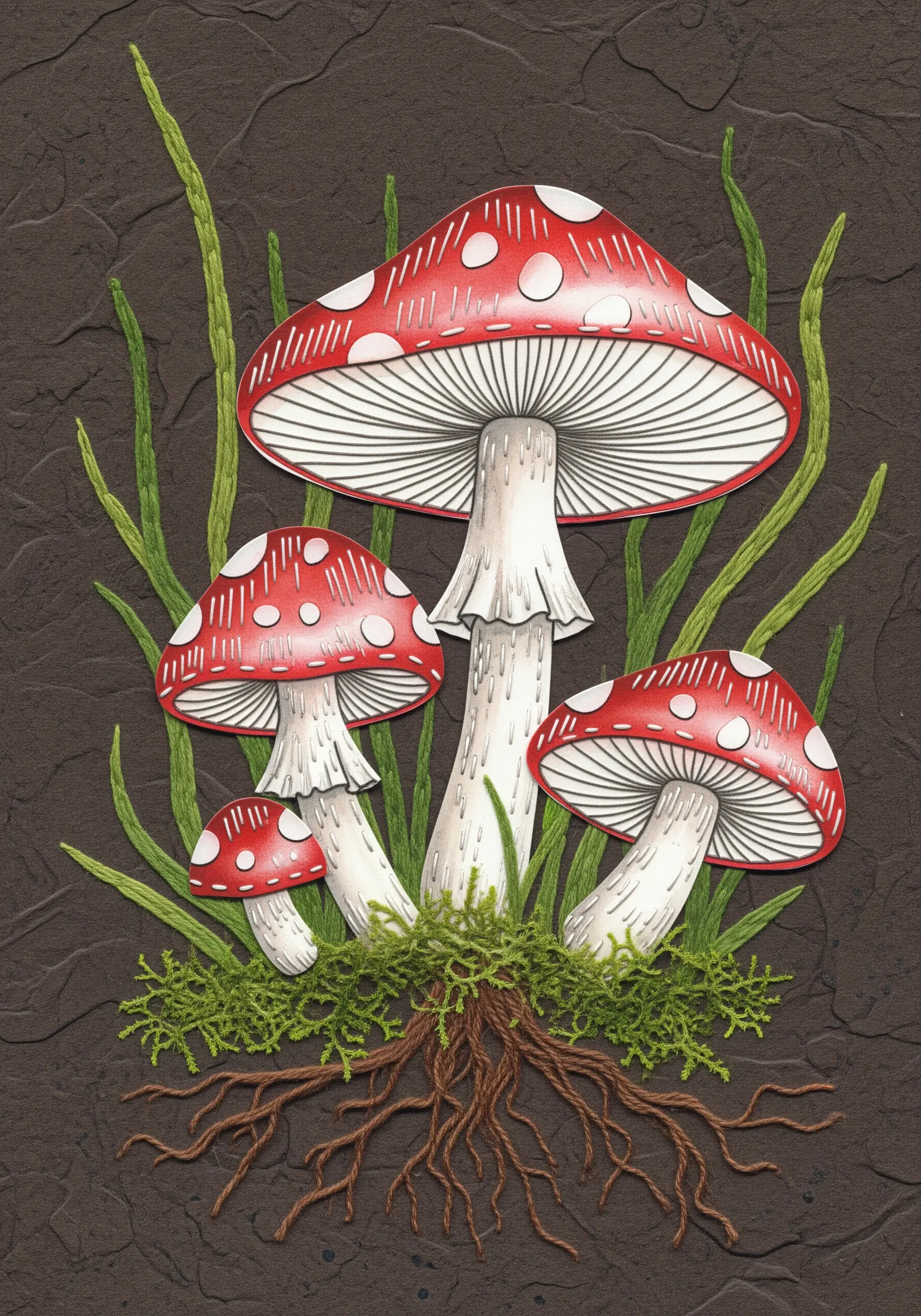 Paper collage of mushrooms with embroidered moss and roots creating a realistic base.