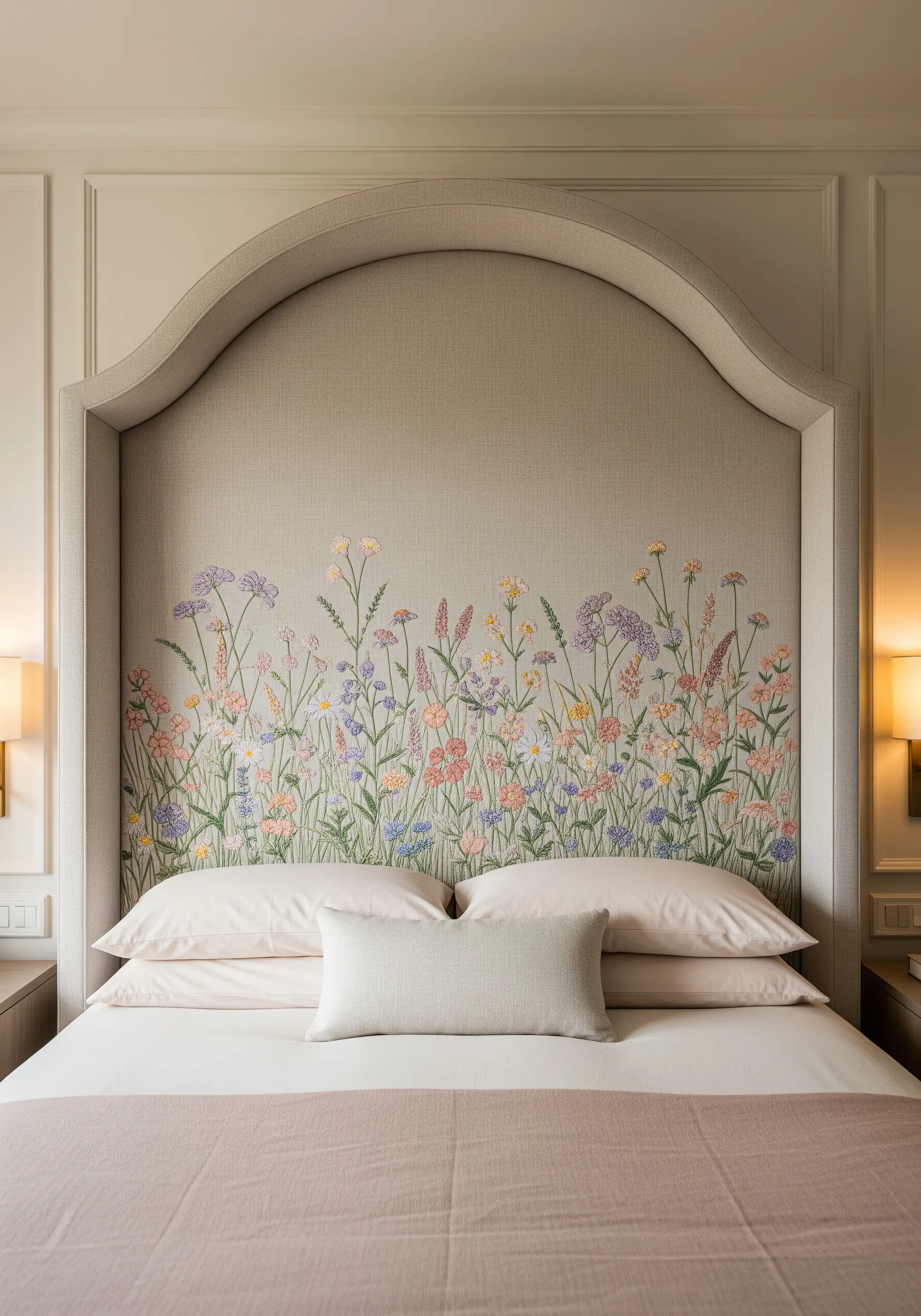 An upholstered headboard embroidered with a dense pattern of colorful pastel wildflowers.