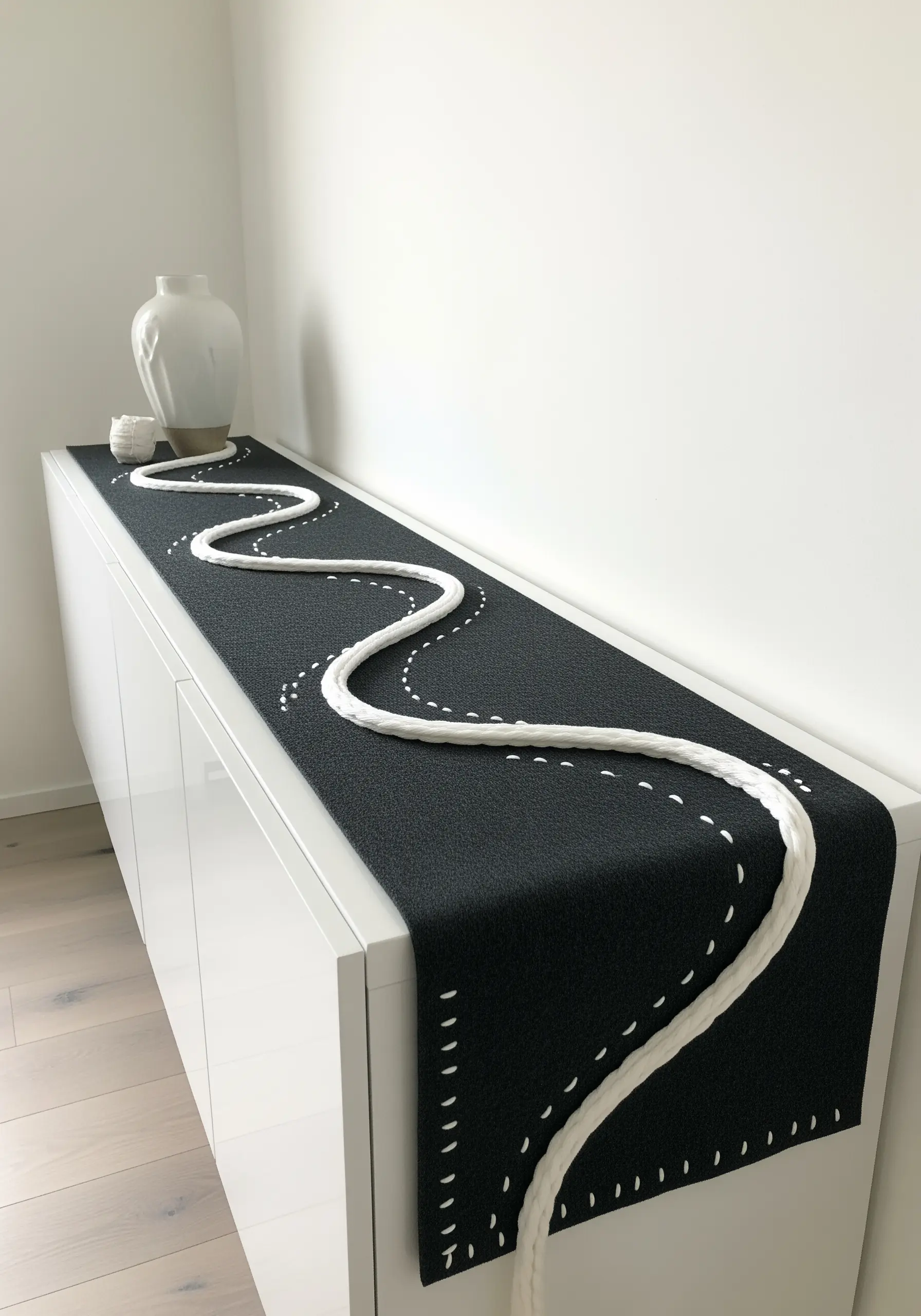 Black table runner with a thick, winding white cord couched with small stitches.