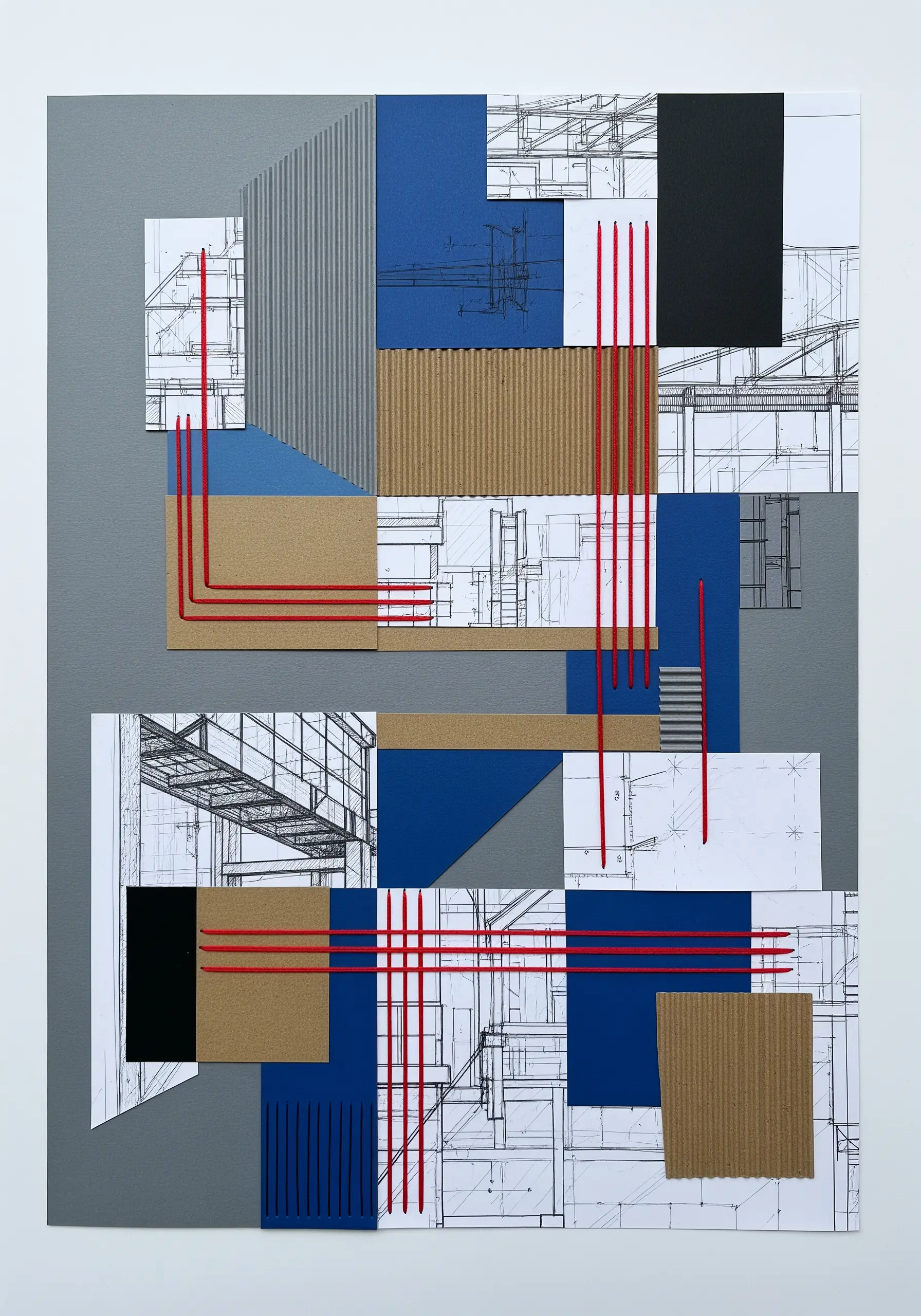 An abstract architectural collage with bold red thread stitched in parallel lines.