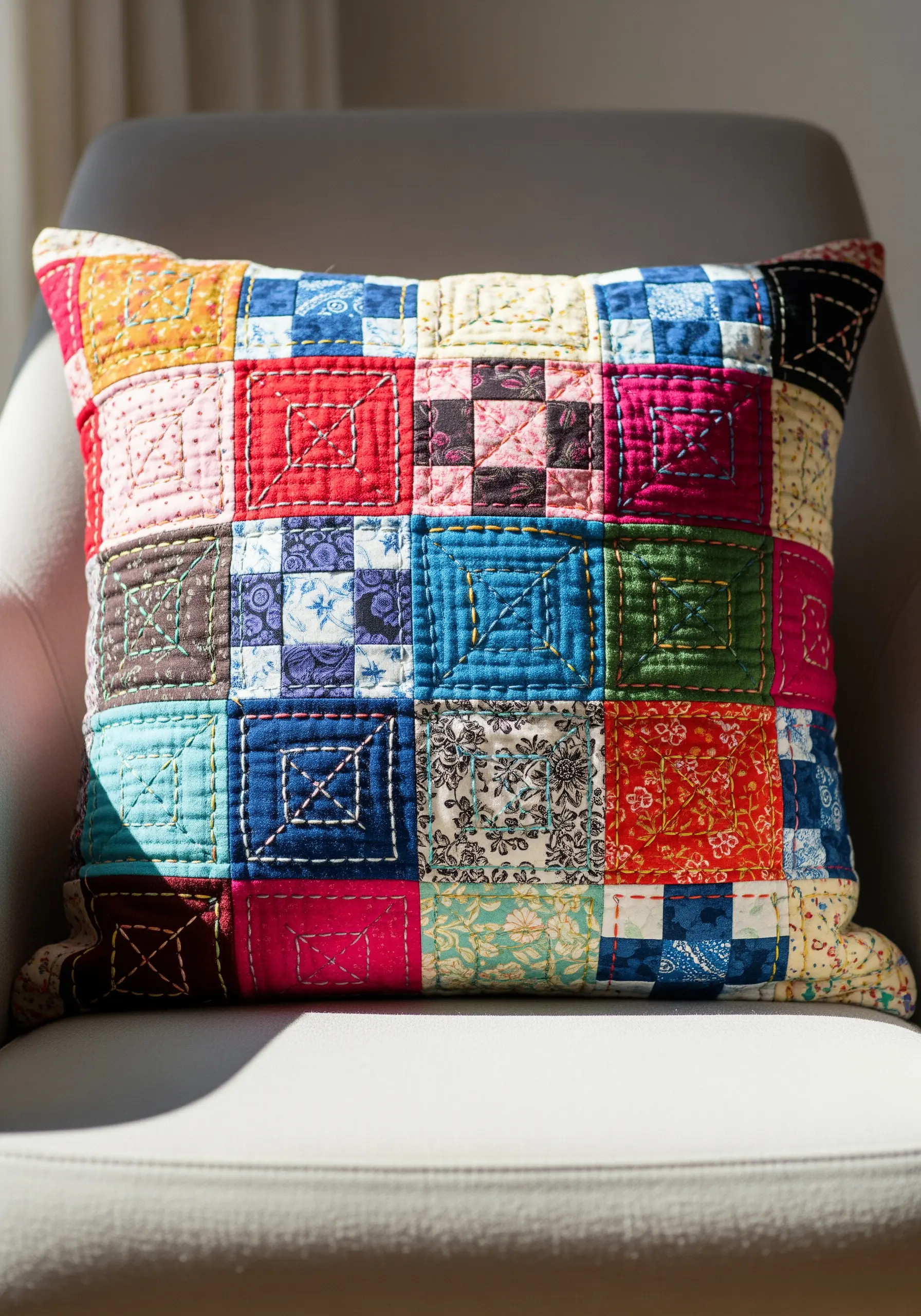 A colorful patchwork pillow with visible hand-quilting stitches in various patterns.