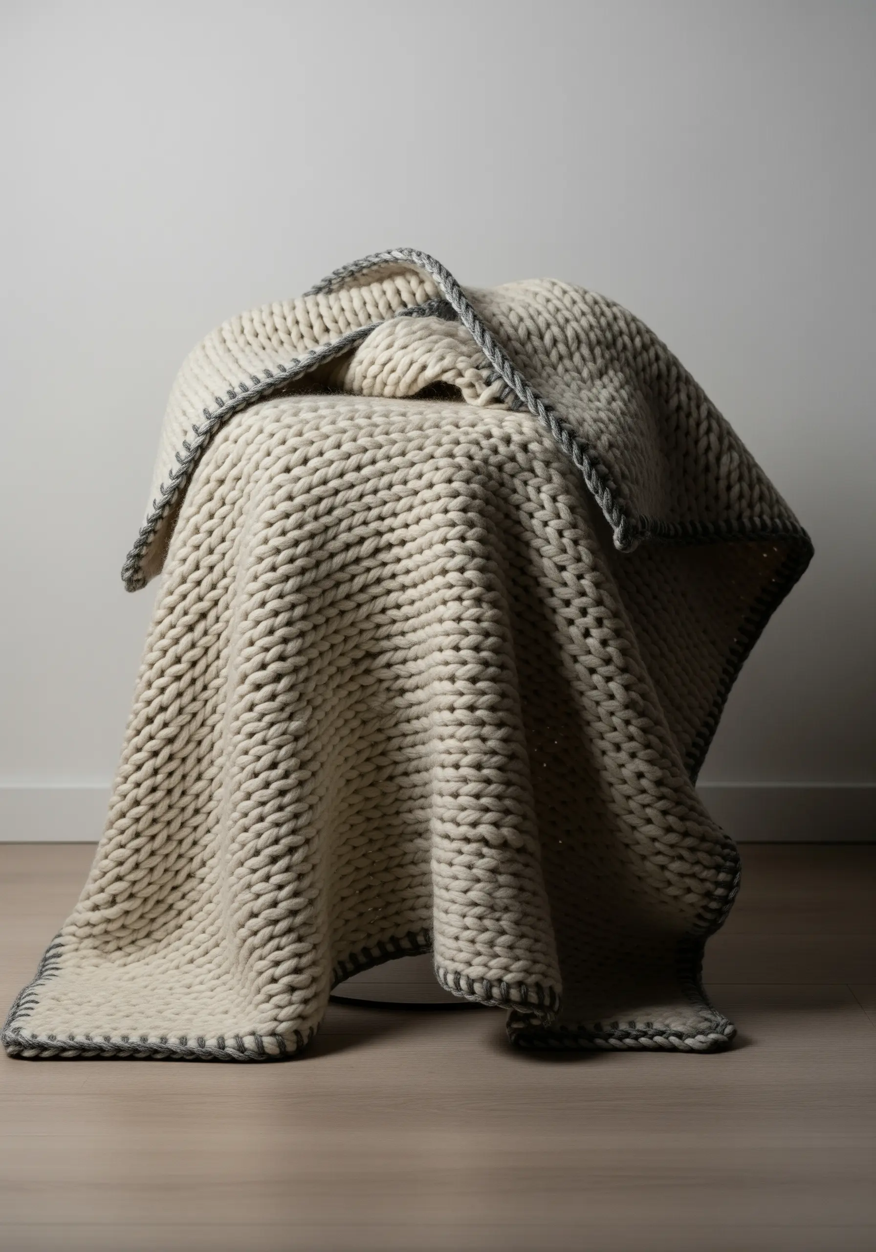A cream chunky knit blanket with a hand-stitched grey yarn blanket stitch along the edge.