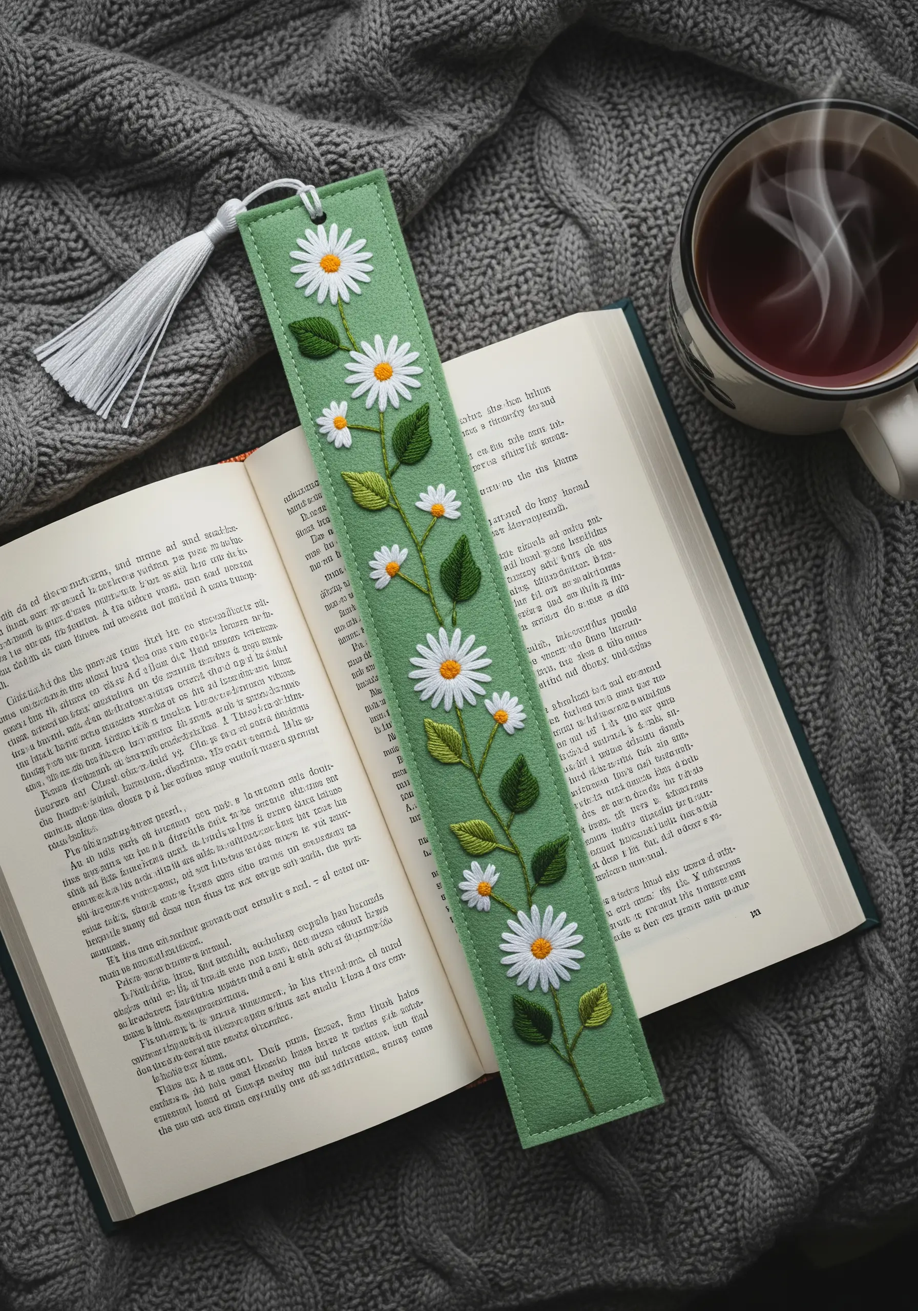 A green felt bookmark with a hand-embroidered vine of white daisies.