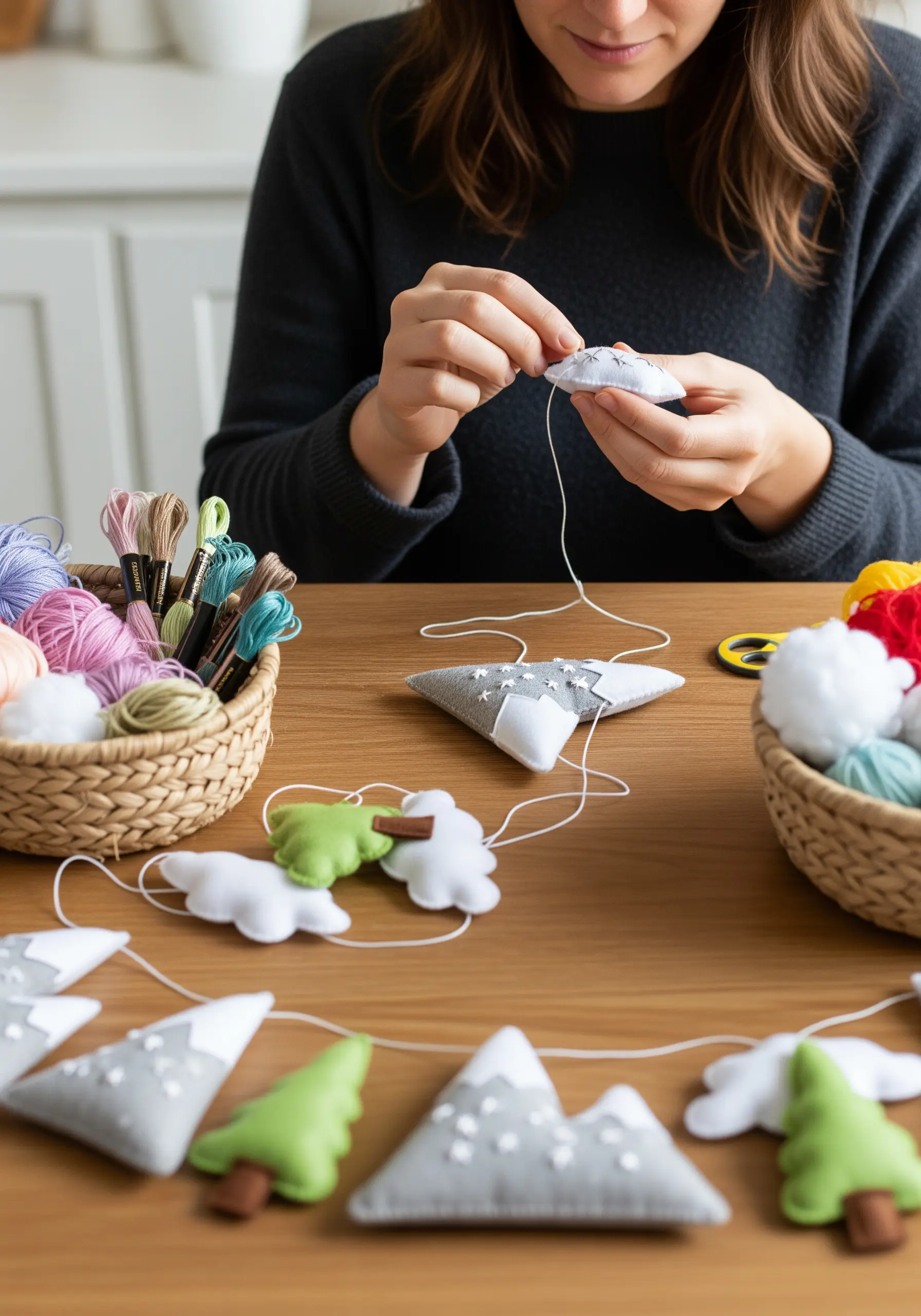 A person hand-sewing a felt garland with mountain, cloud, and tree shapes.