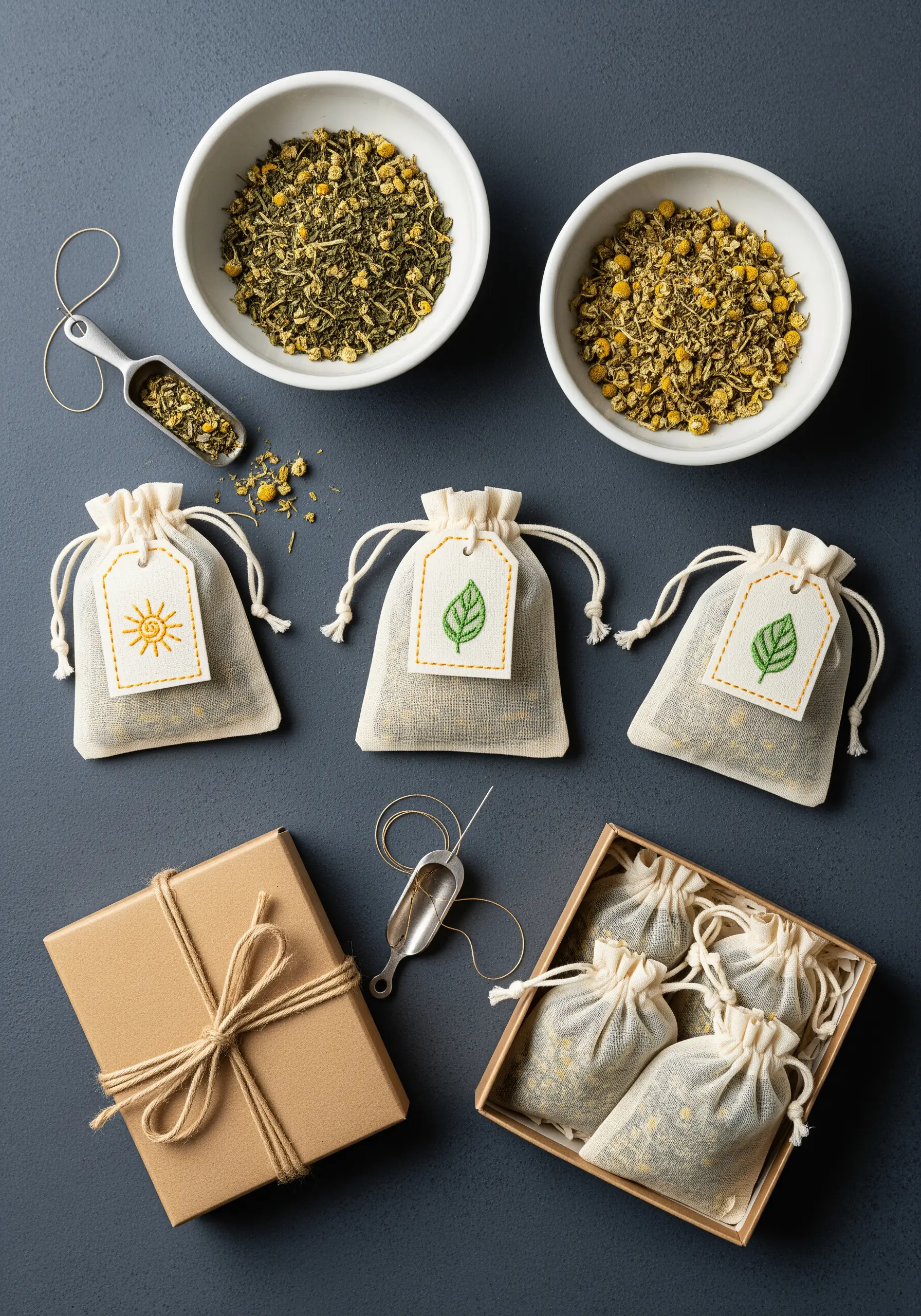 Small muslin tea bags with simple embroidered motifs of a sun and a leaf.