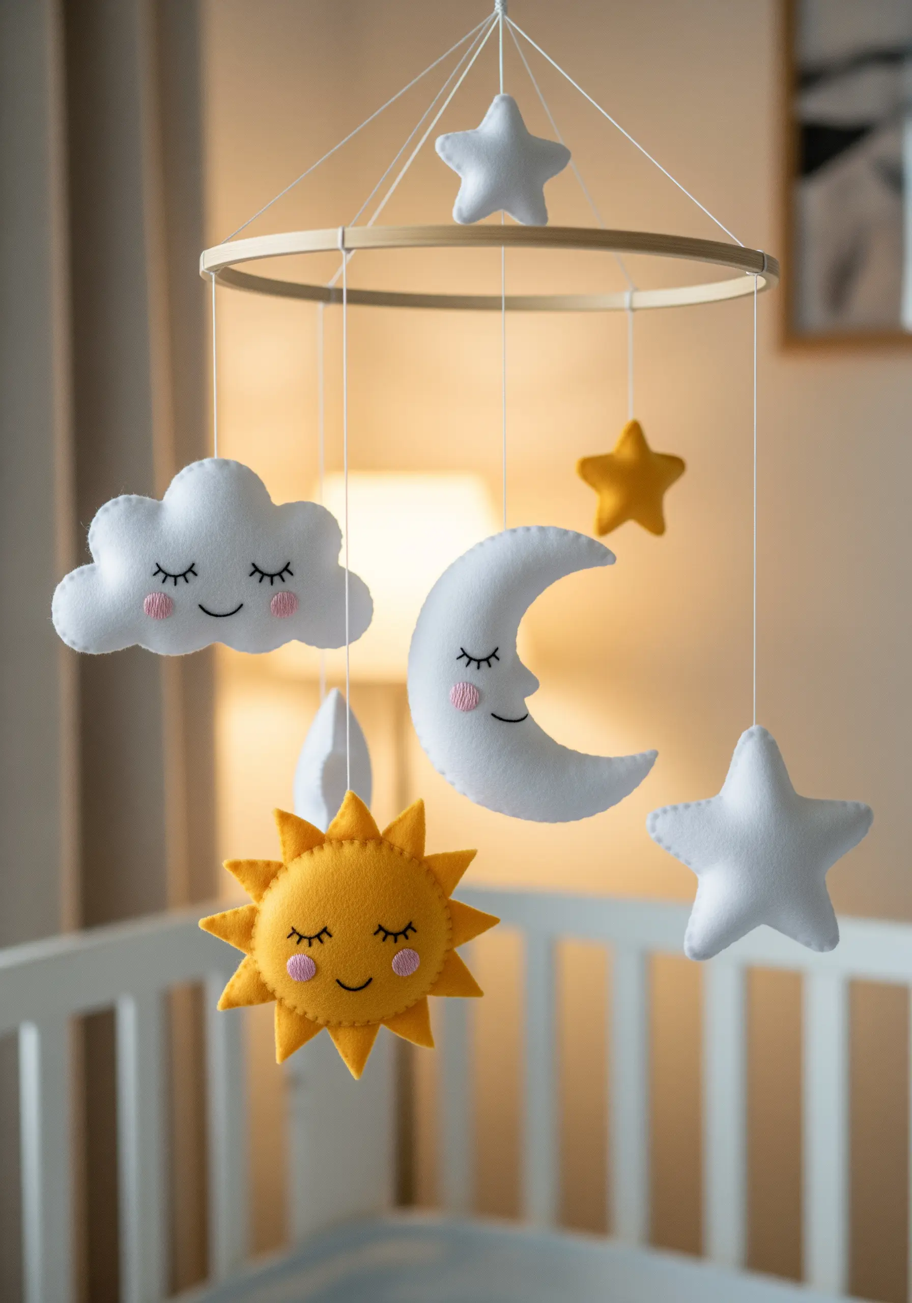 A handmade felt mobile with a cloud, moon, sun, and stars hanging over a crib.