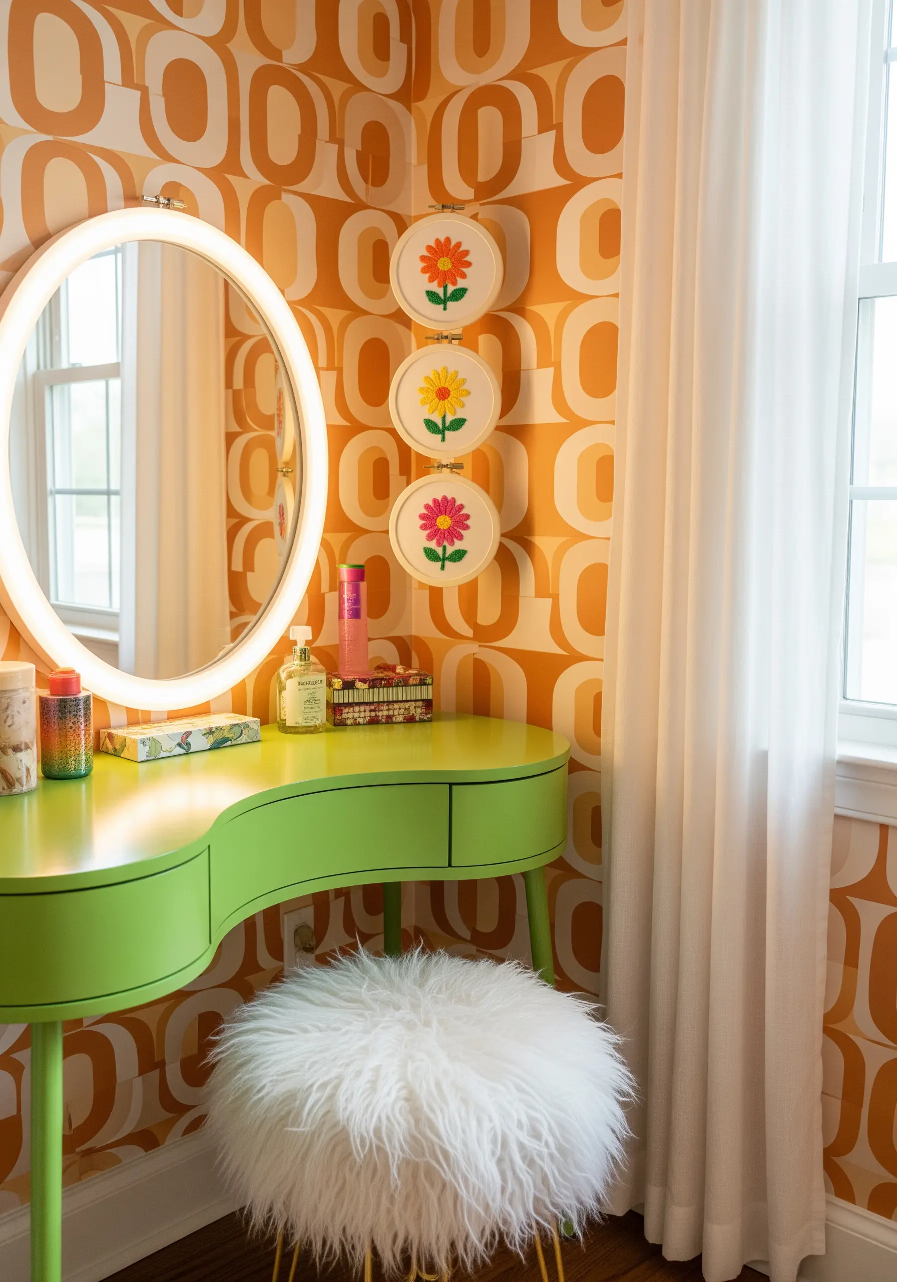 Three retro-style floral embroideries hanging vertically from a ribbon on a patterned wall.