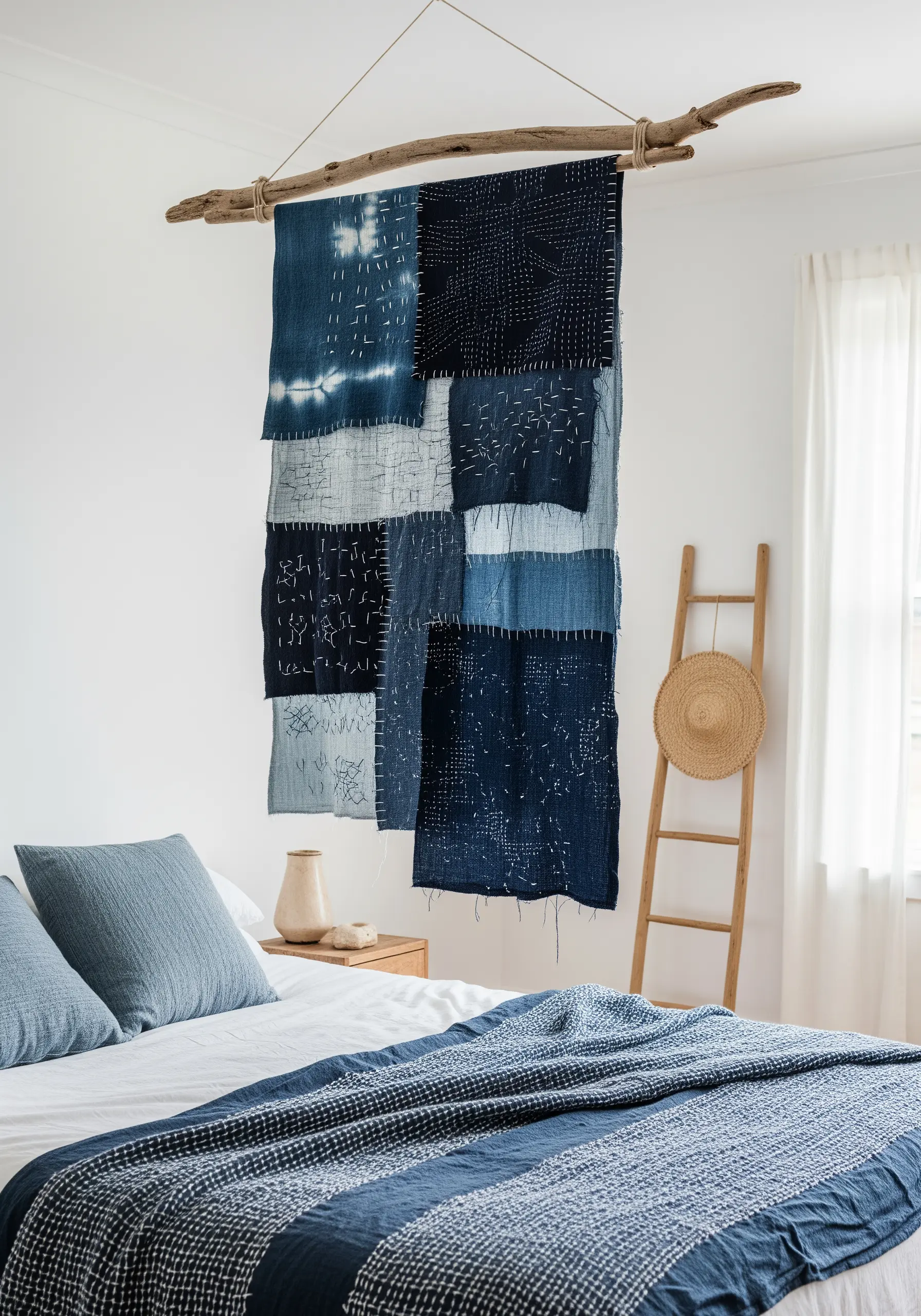 A wall hanging made of patched indigo fabrics with visible white Sashiko running stitches.