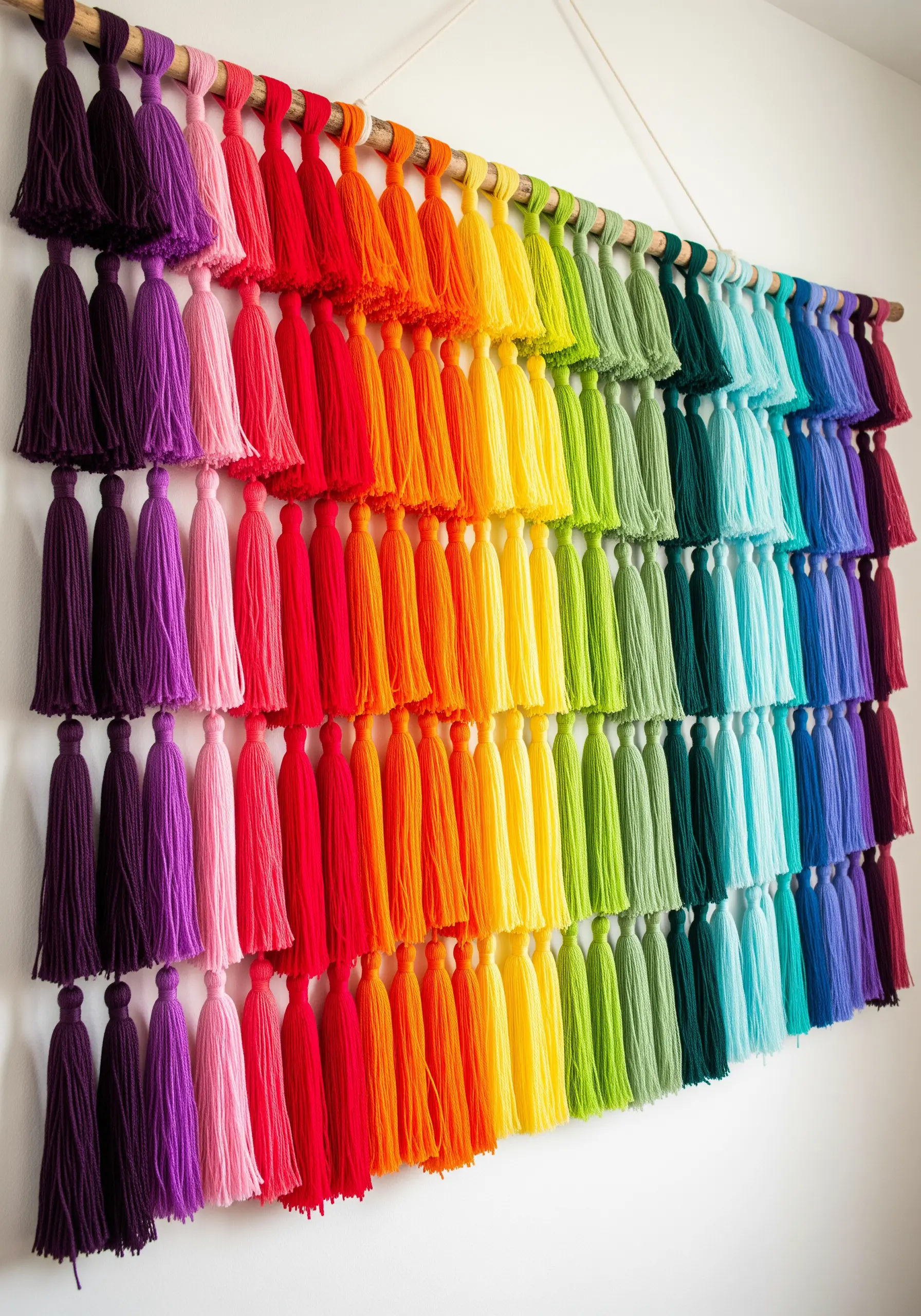 A large wall hanging made of hundreds of colorful yarn tassels arranged in a rainbow gradient.