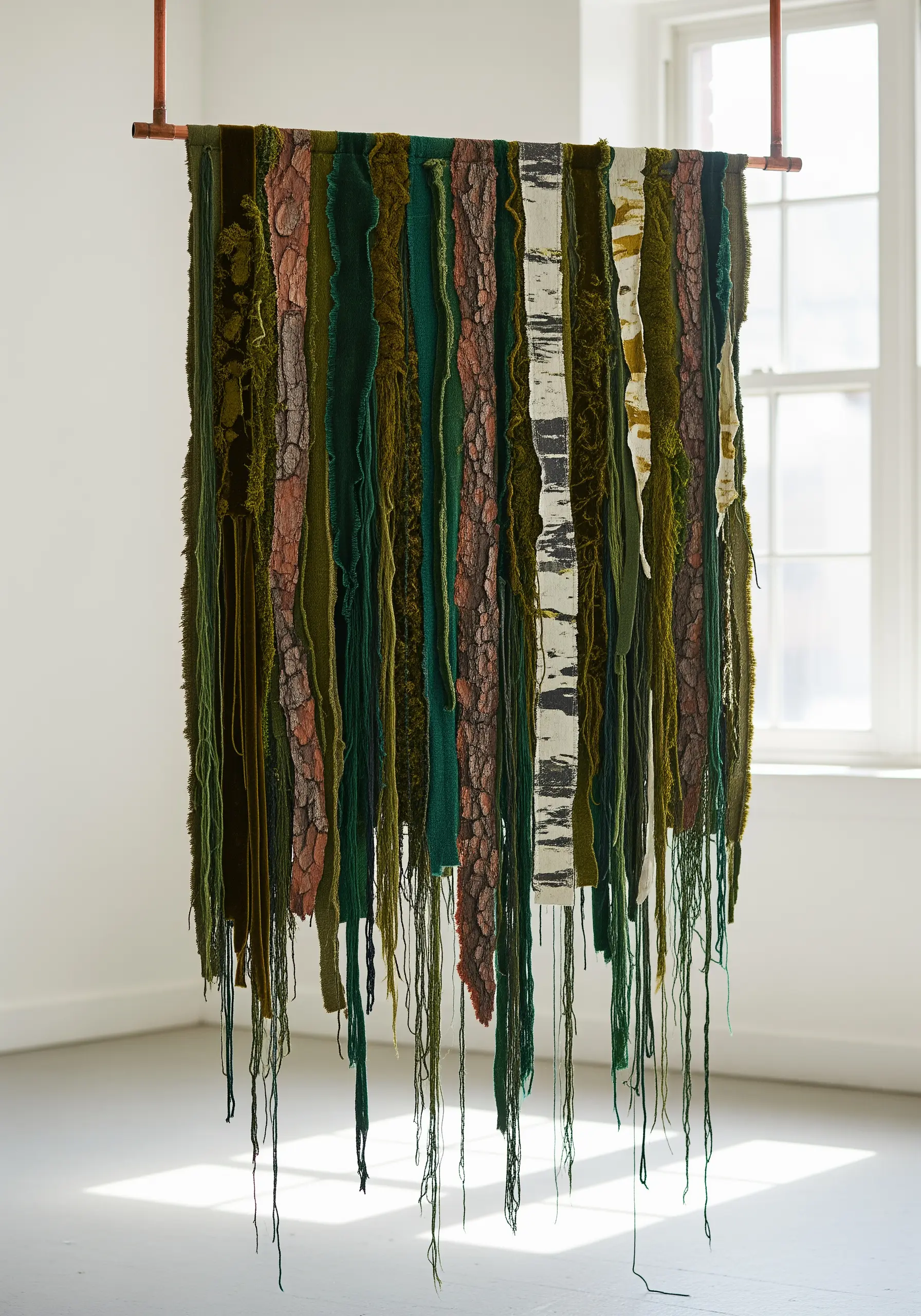 Vertical fabric strip installation with bark textures