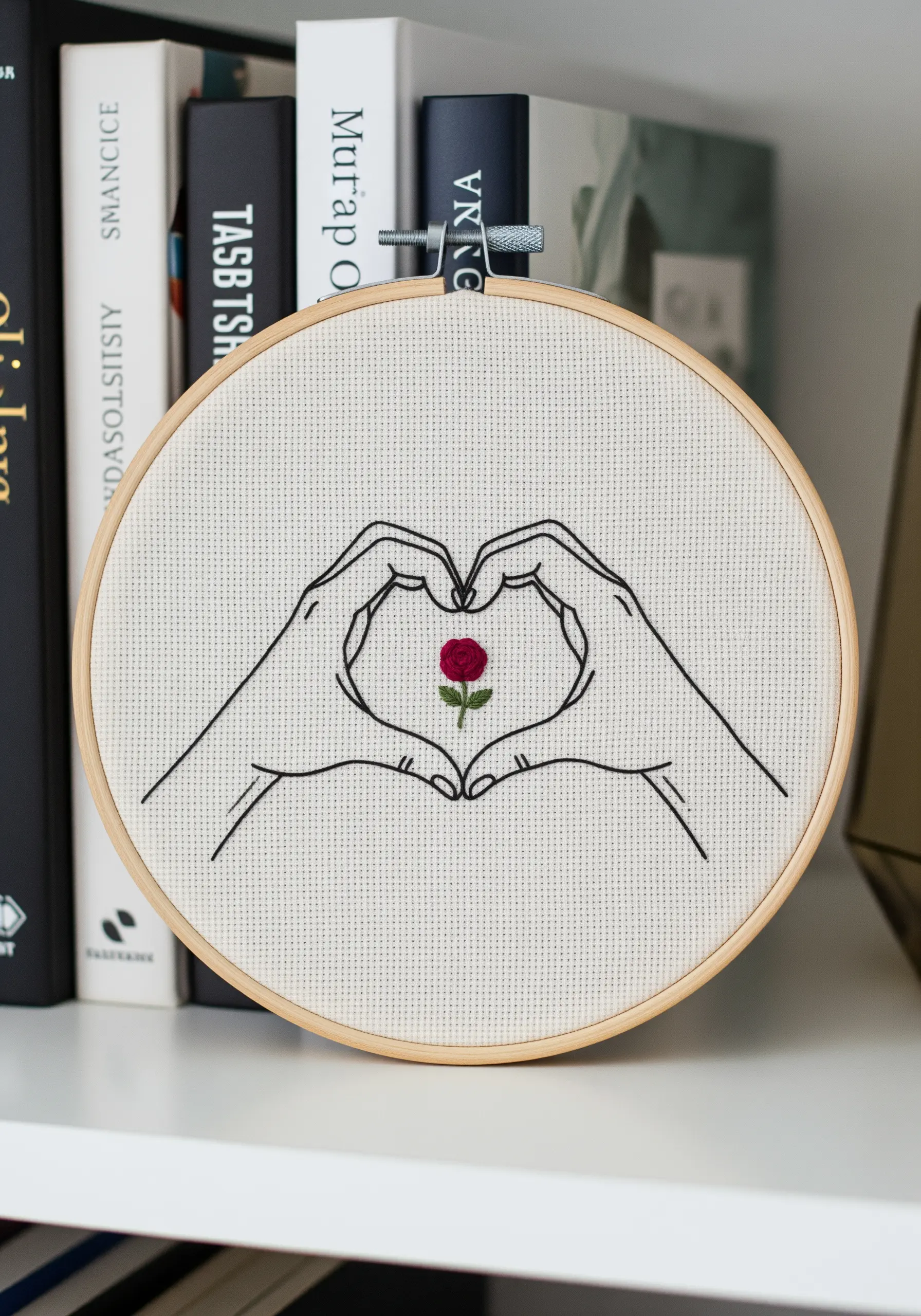 Line art hands forming a heart shape around a single, tiny embroidered rose.