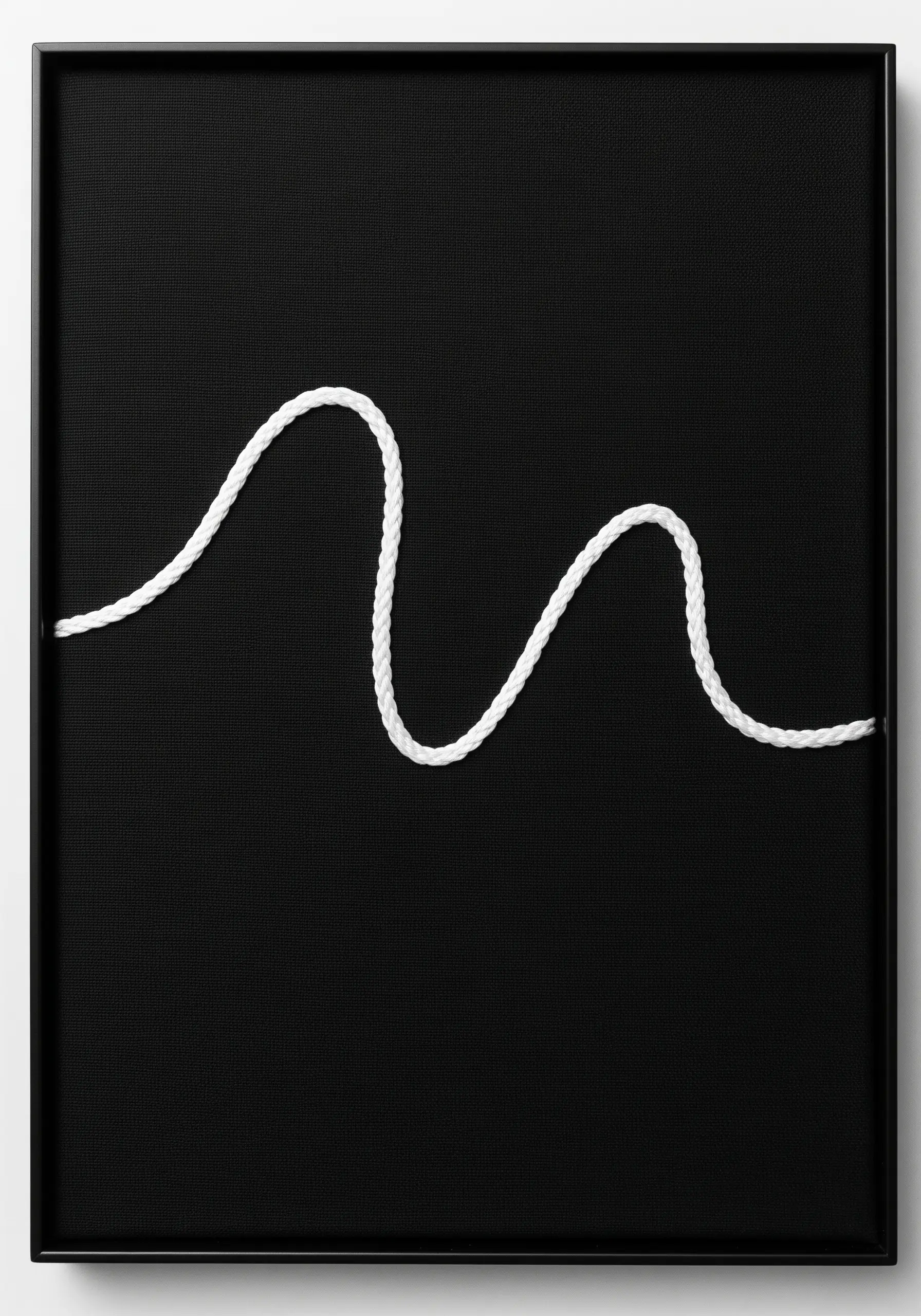 A single white rope forming a gentle wave across a black framed canvas.