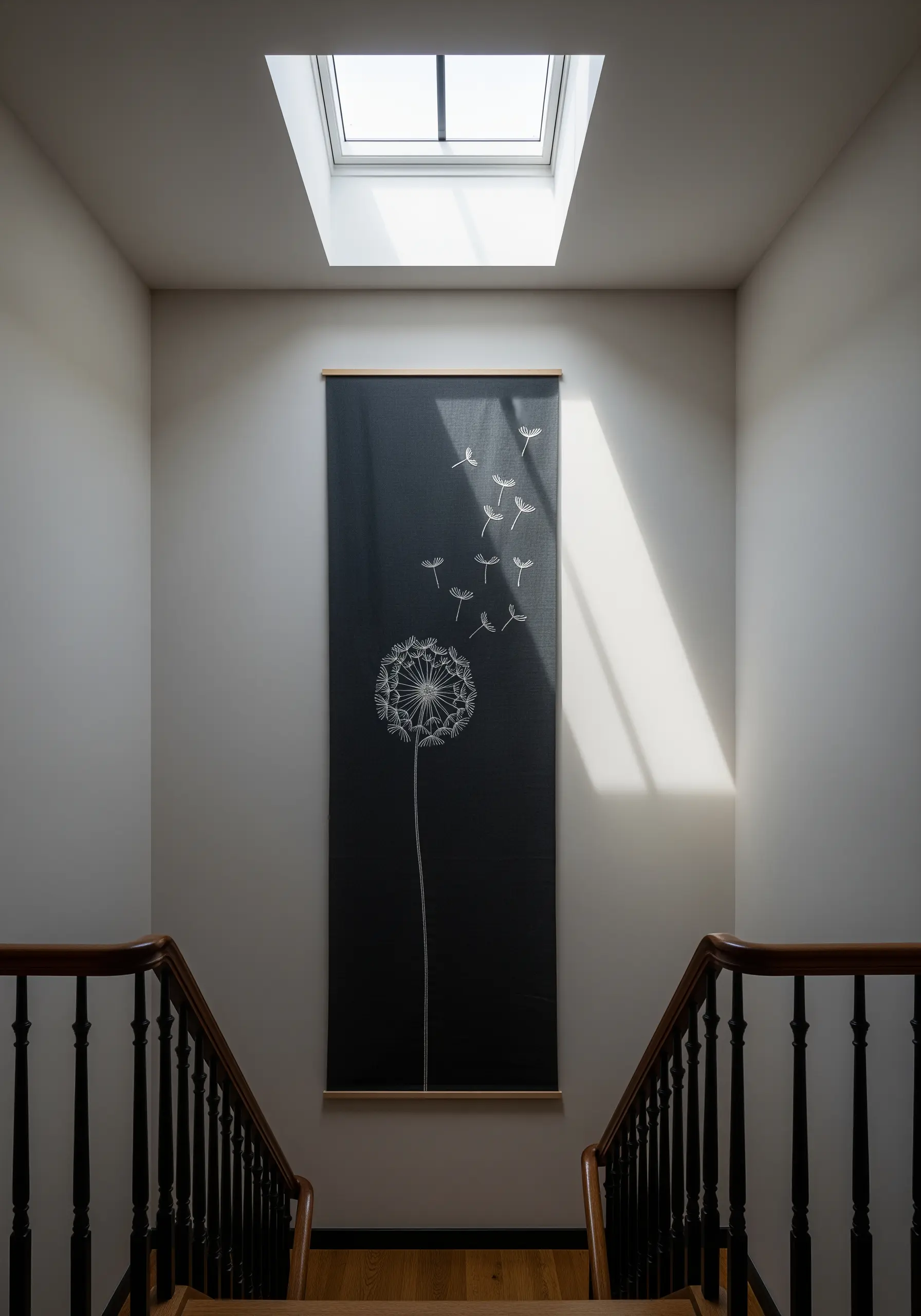 A large dandelion embroidered in white thread on a black wall hanging, with seeds blowing.