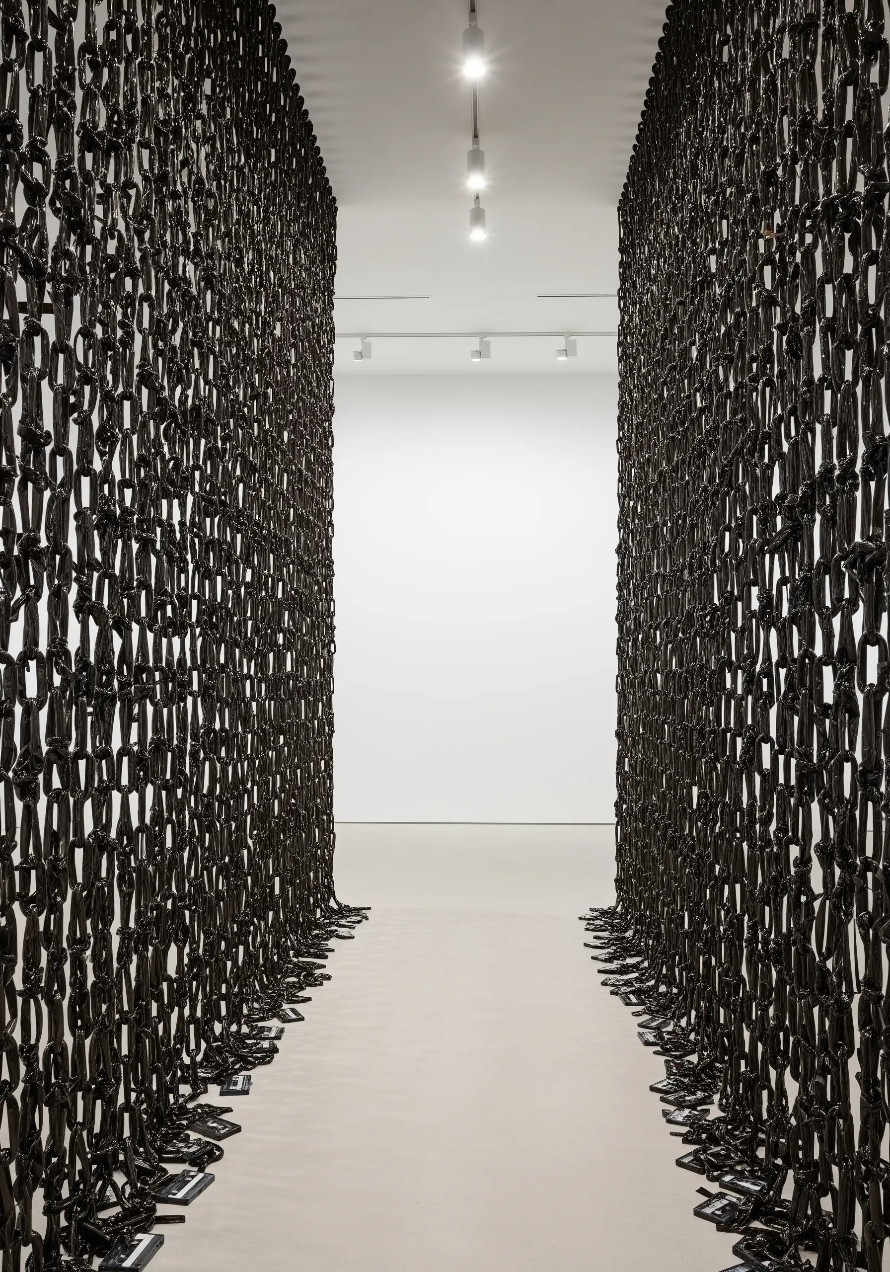 An immersive art installation of two towering curtains made of thousands of black knotted links.