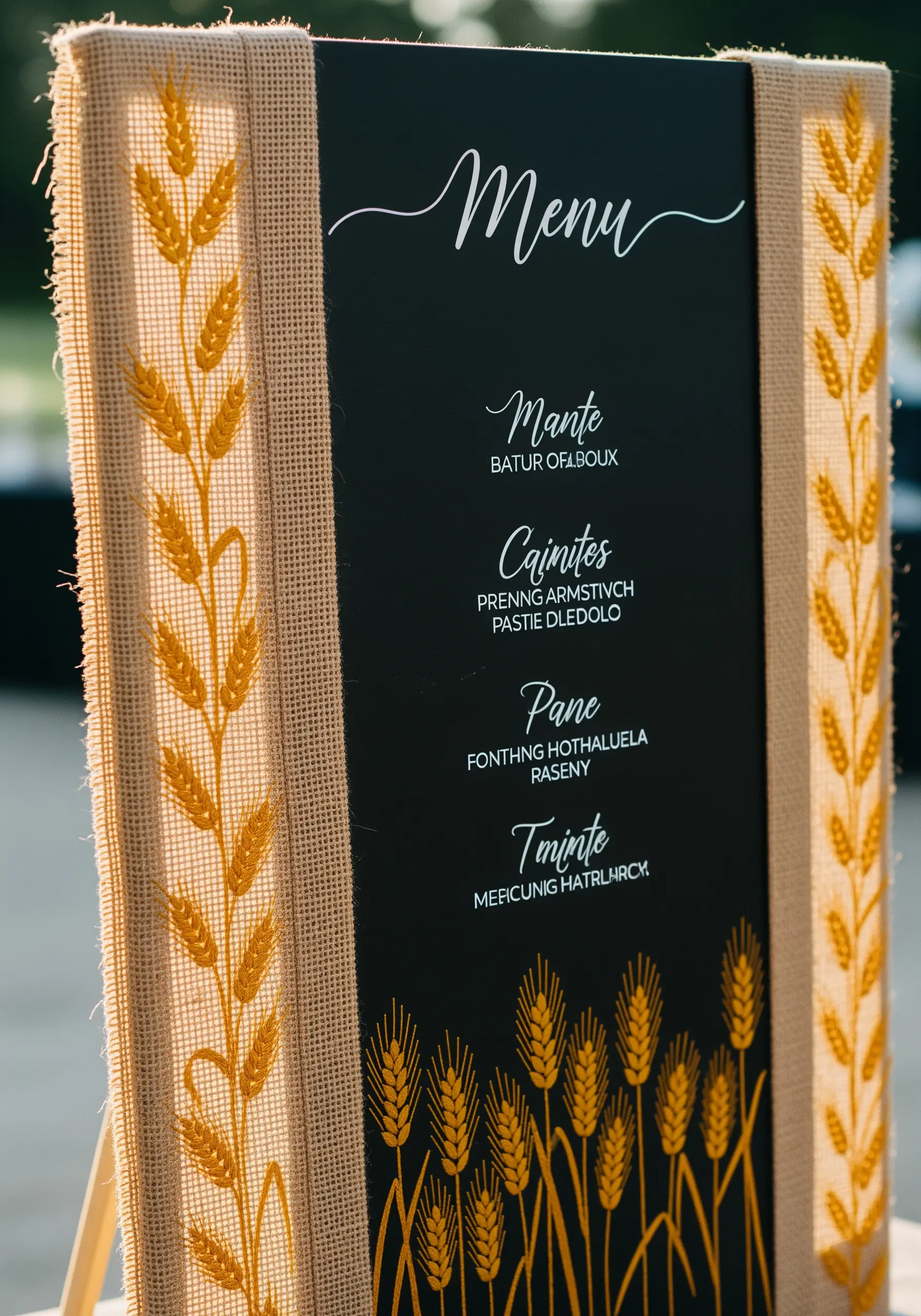A wedding menu board framed with burlap ribbon embroidered with stalks of golden wheat.