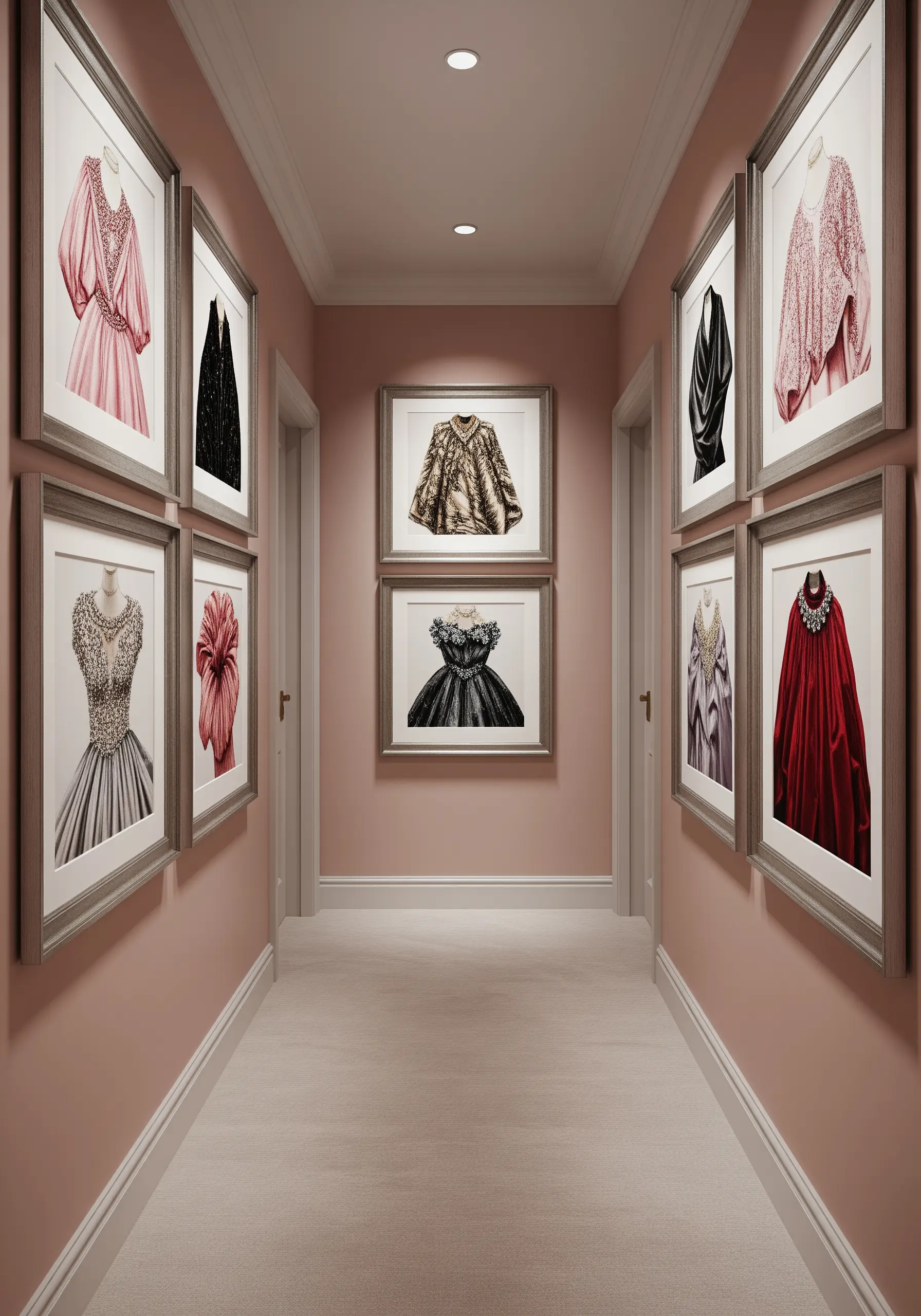 A hallway gallery of framed embroideries depicting various high-fashion dresses.