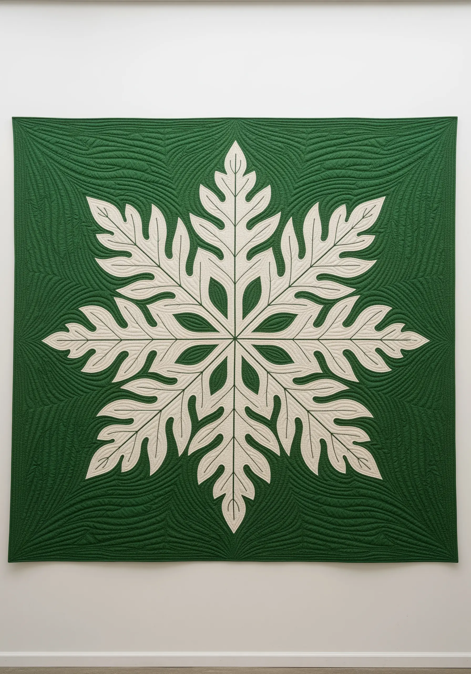 A large-scale Hawaiian quilt design with a white leaf on a quilted green background.