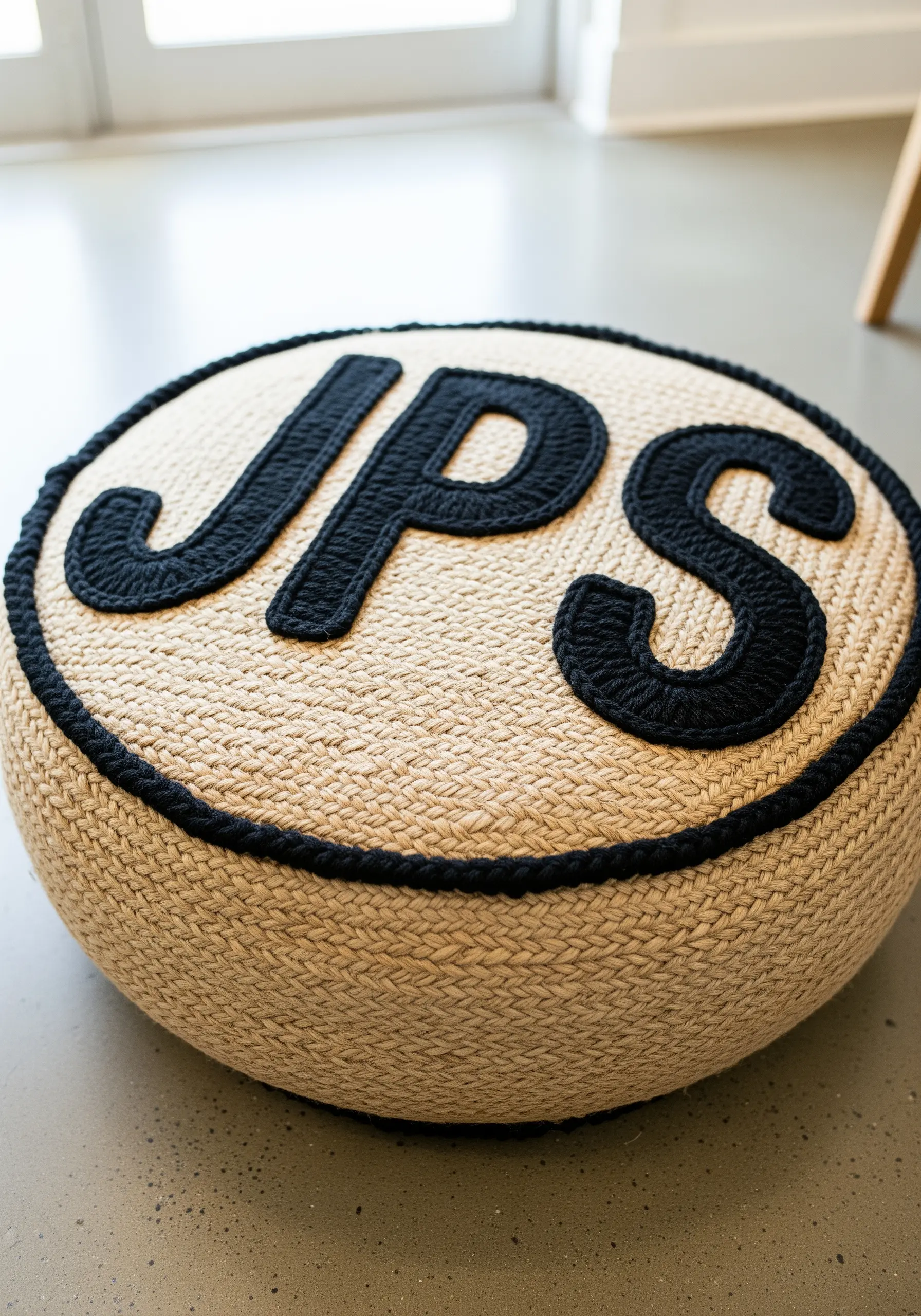 Round rope ottoman pouf with black wool chain stitch initials JPS