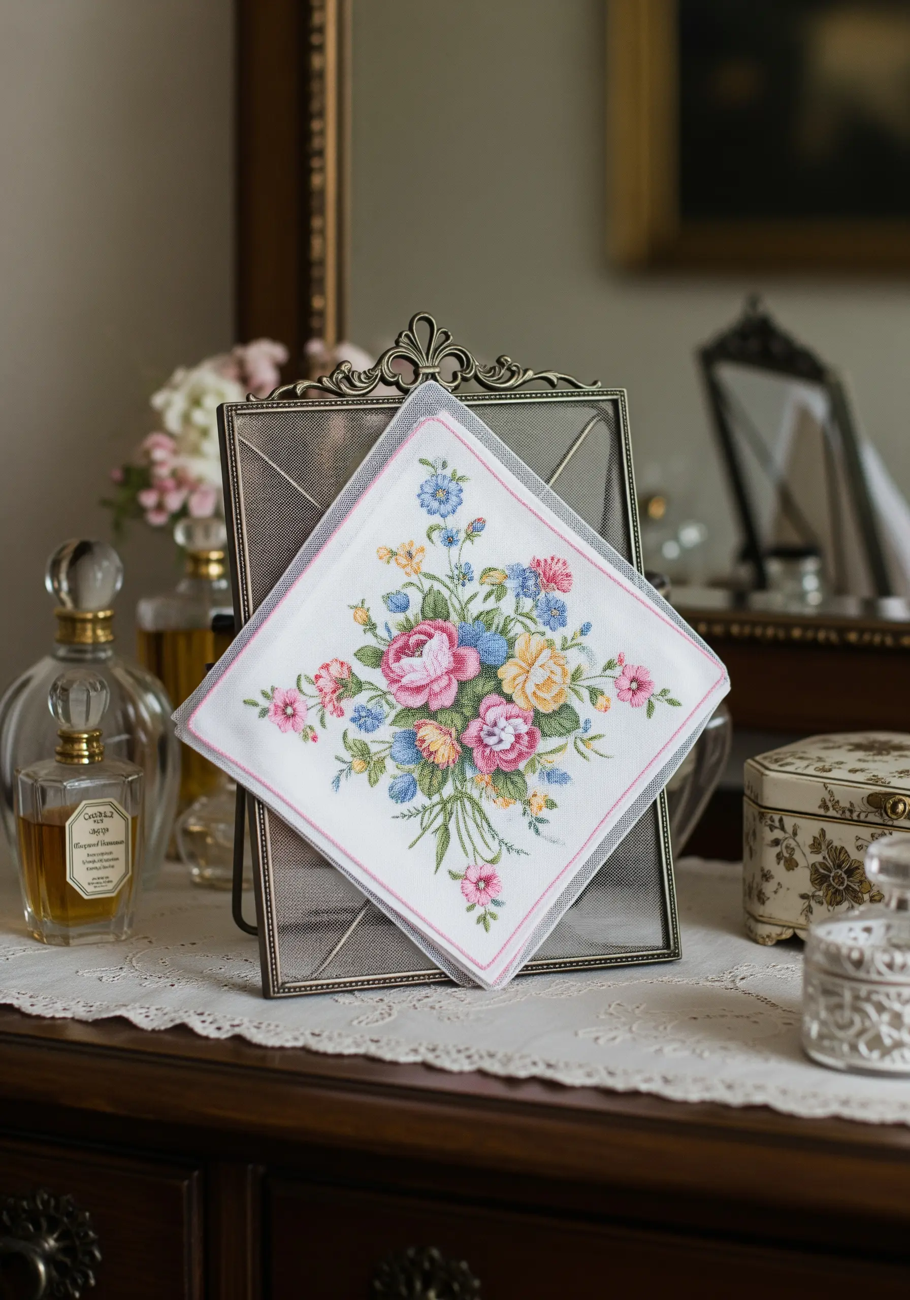 Vintage embroidered handkerchief displayed in a metal standing frame on a vanity