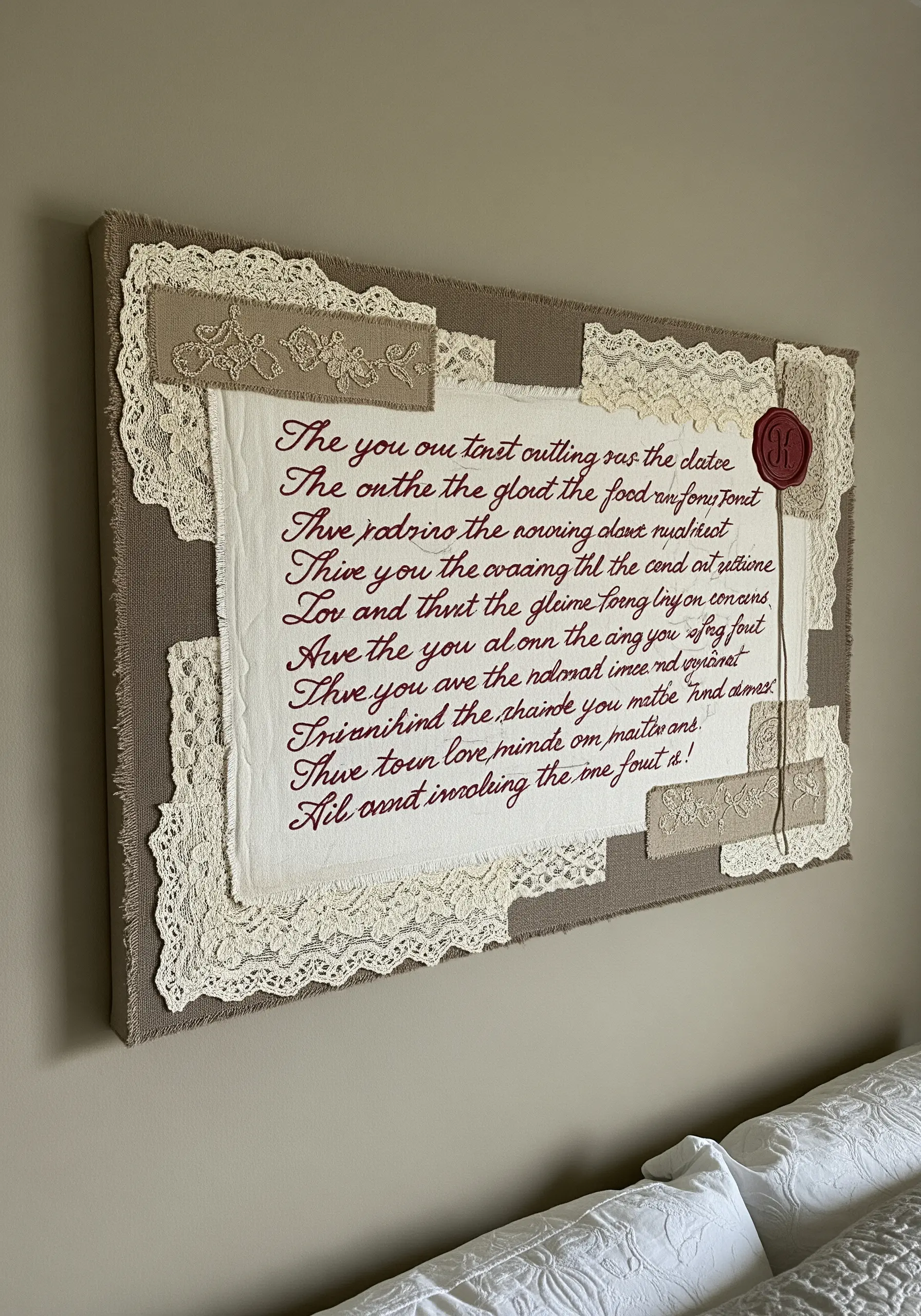 Layered lace and fabric collage with embroidered red script and a wax seal.