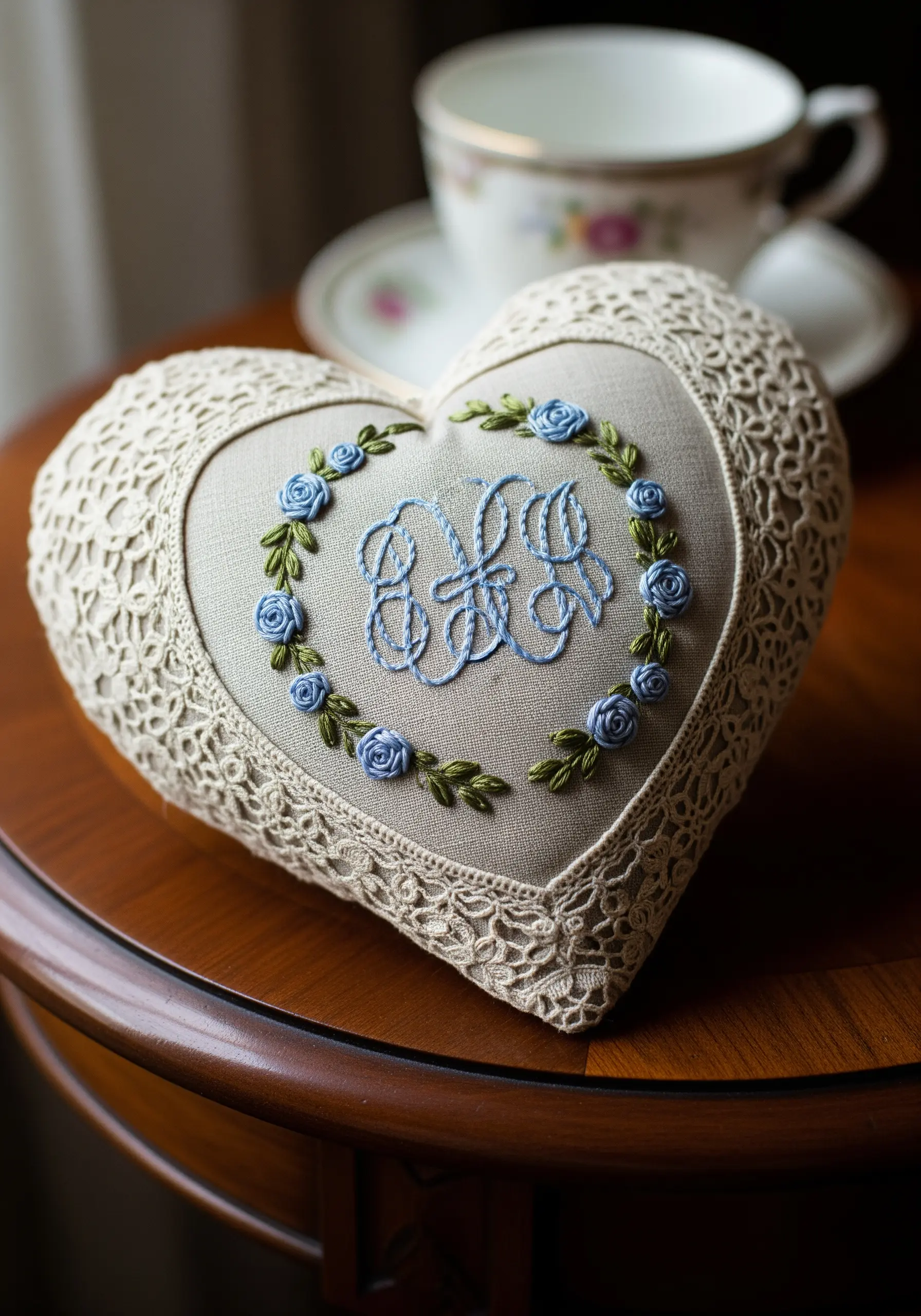 Heart-shaped linen pillow with lace trim and monogram embroidery