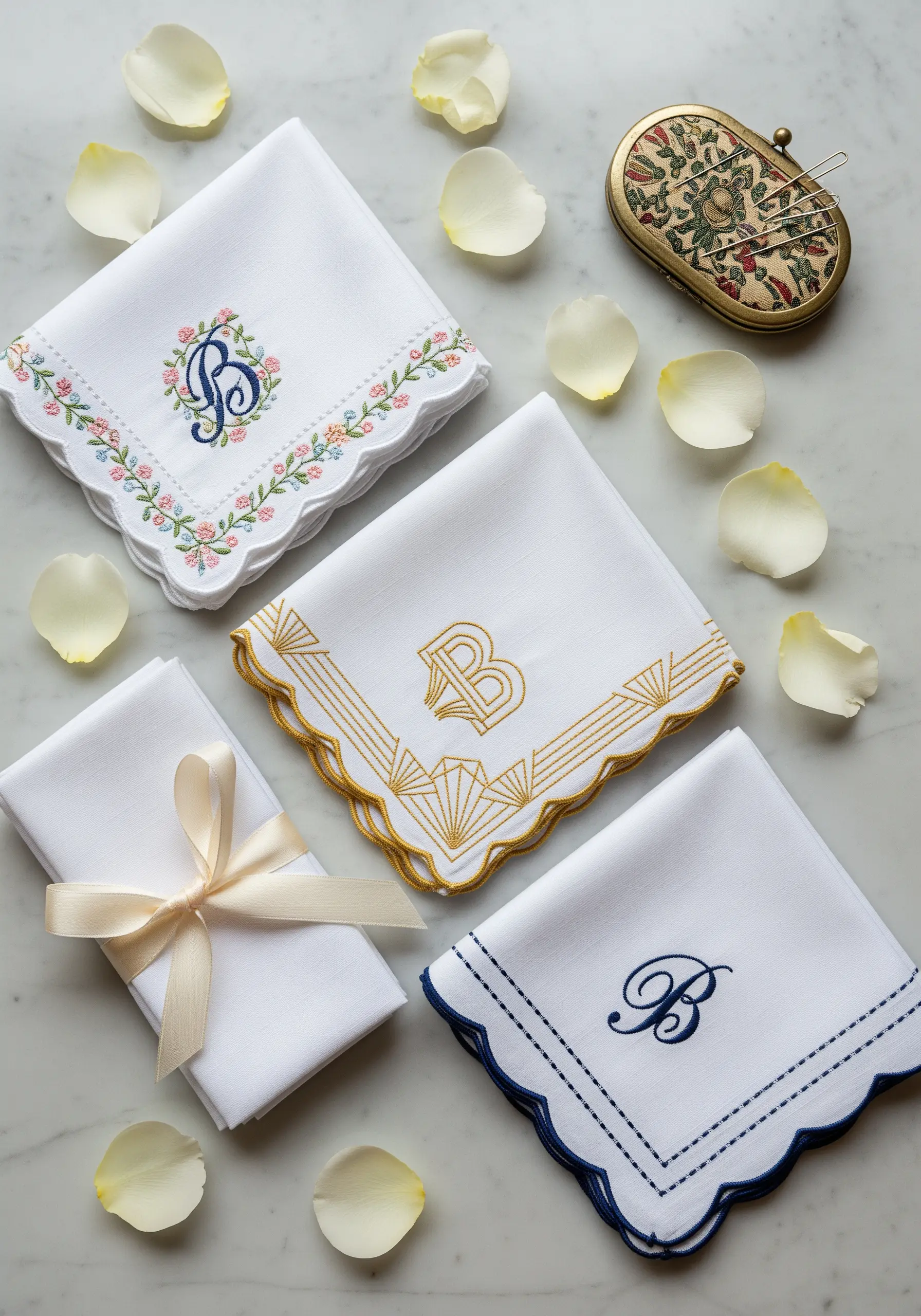Collection of white handkerchiefs with various embroidered monograms.