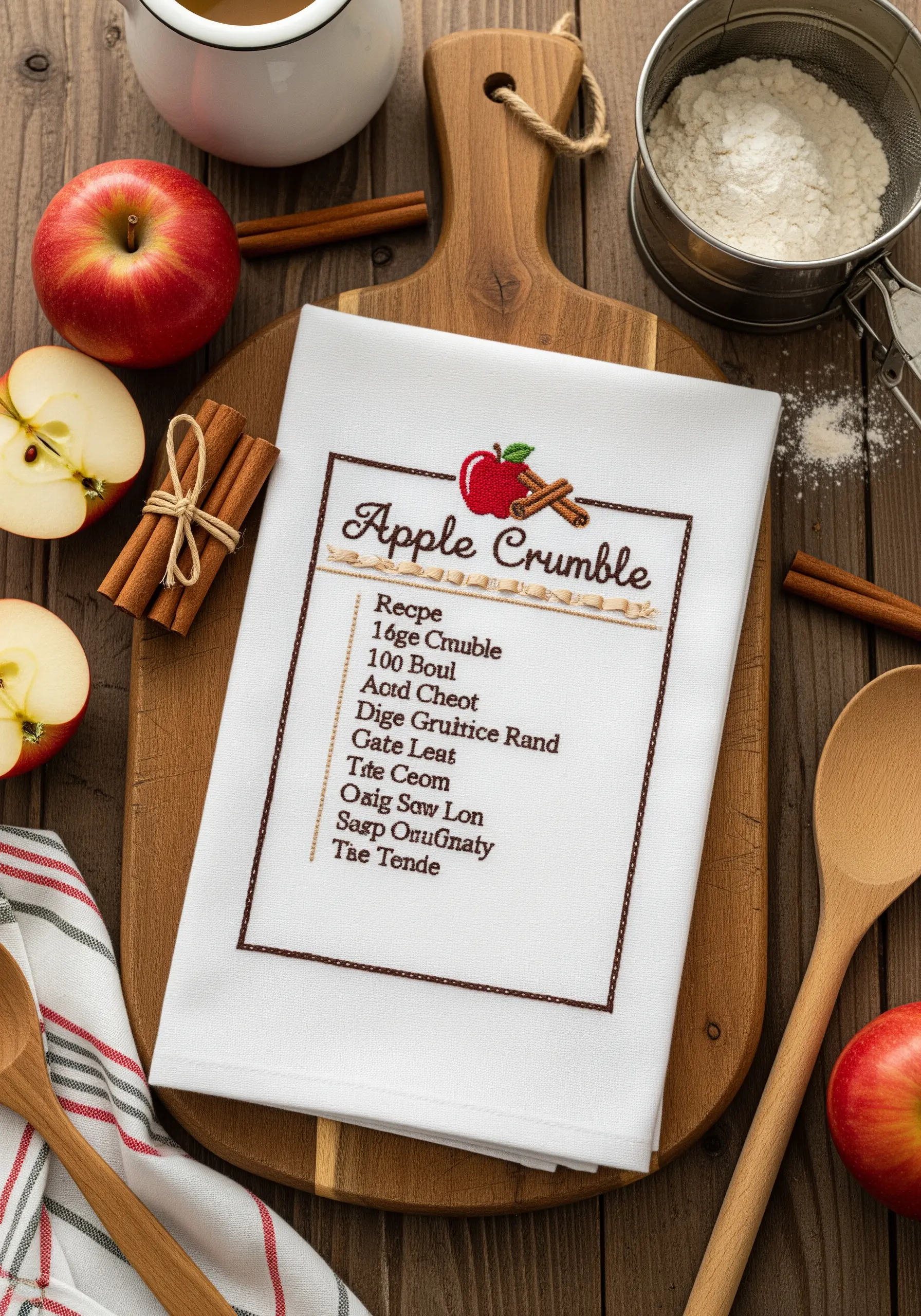 White tea towel embroidered with an 'Apple Crumble' recipe and small illustrations.