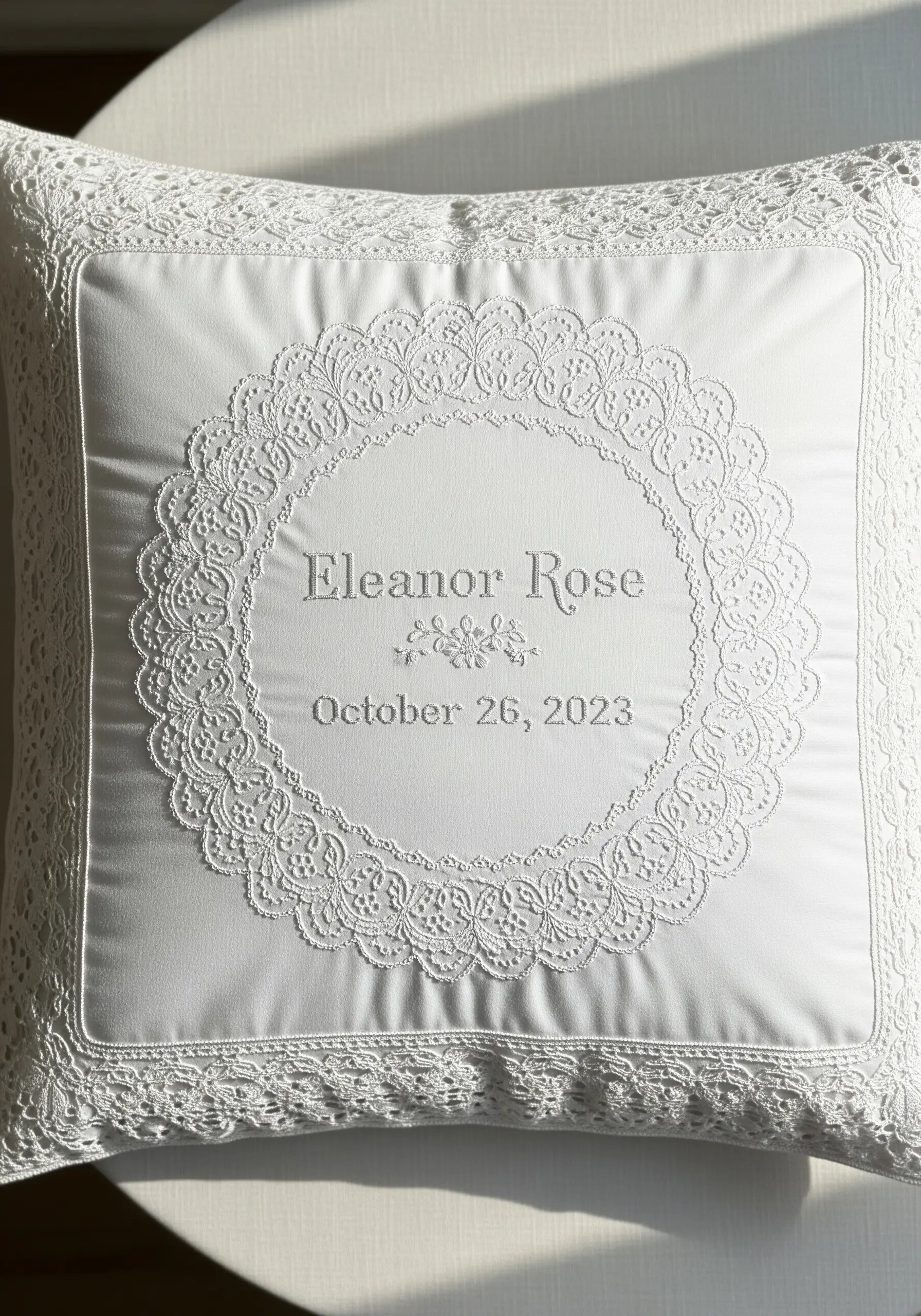 White pillow with delicate lace border and grey embroidered name and date