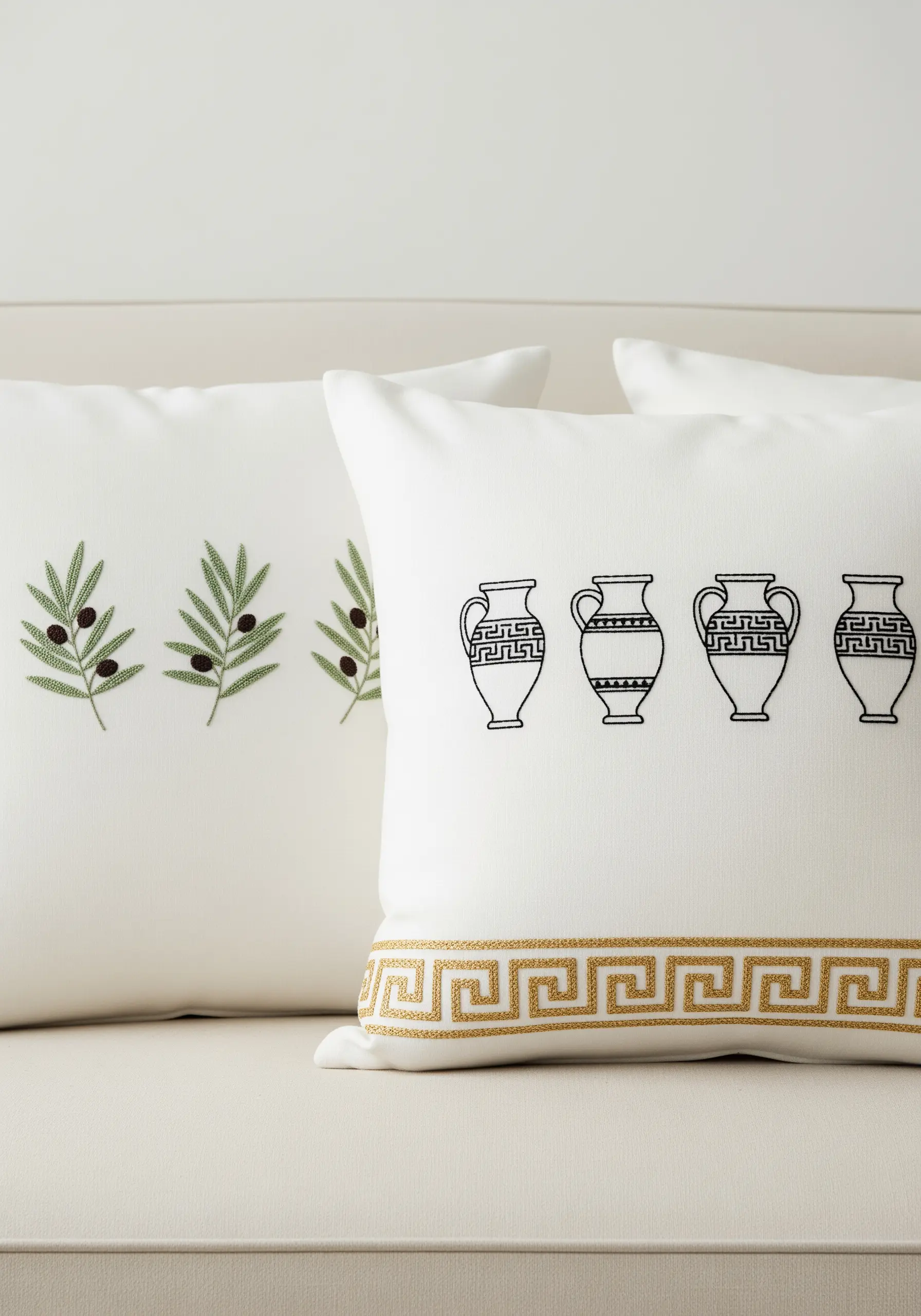 Greek-inspired embroidery of olive branches and vases with a gold key border on white pillows.