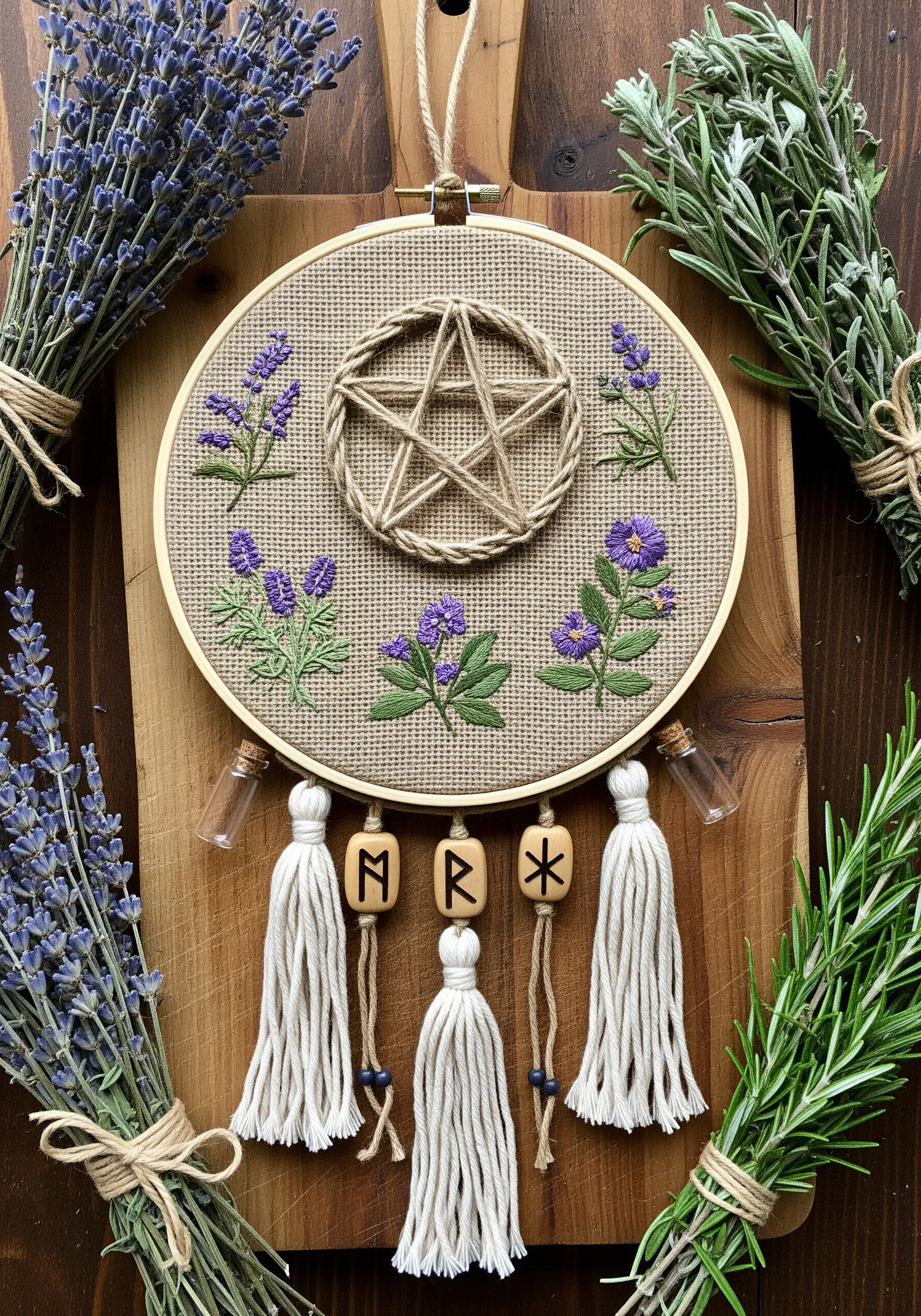 Wiccan-themed dreamcatcher with a jute pentagram, embroidered lavender, and rune beads.