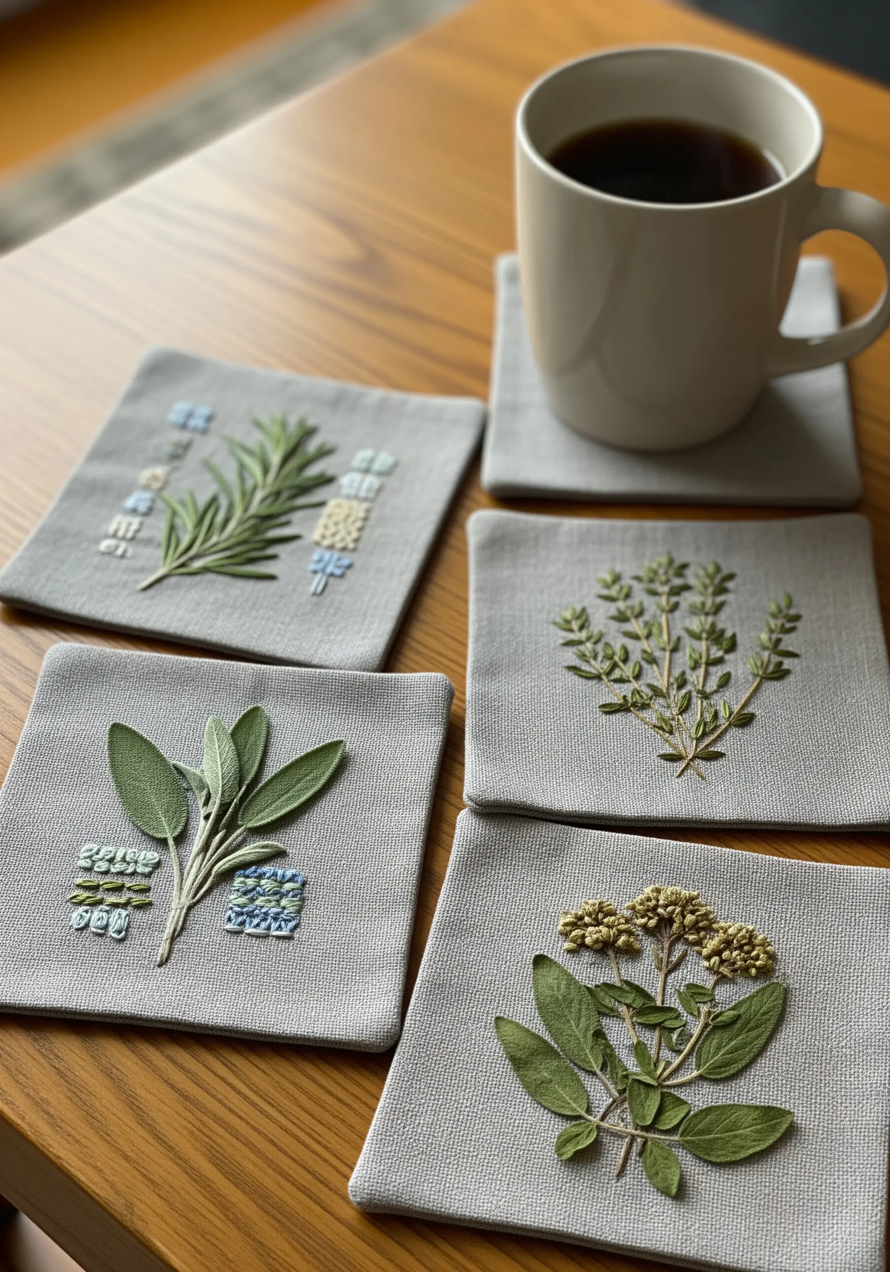 A set of four linen coasters, each decorated with a real dried herb and a small embroidered accent.