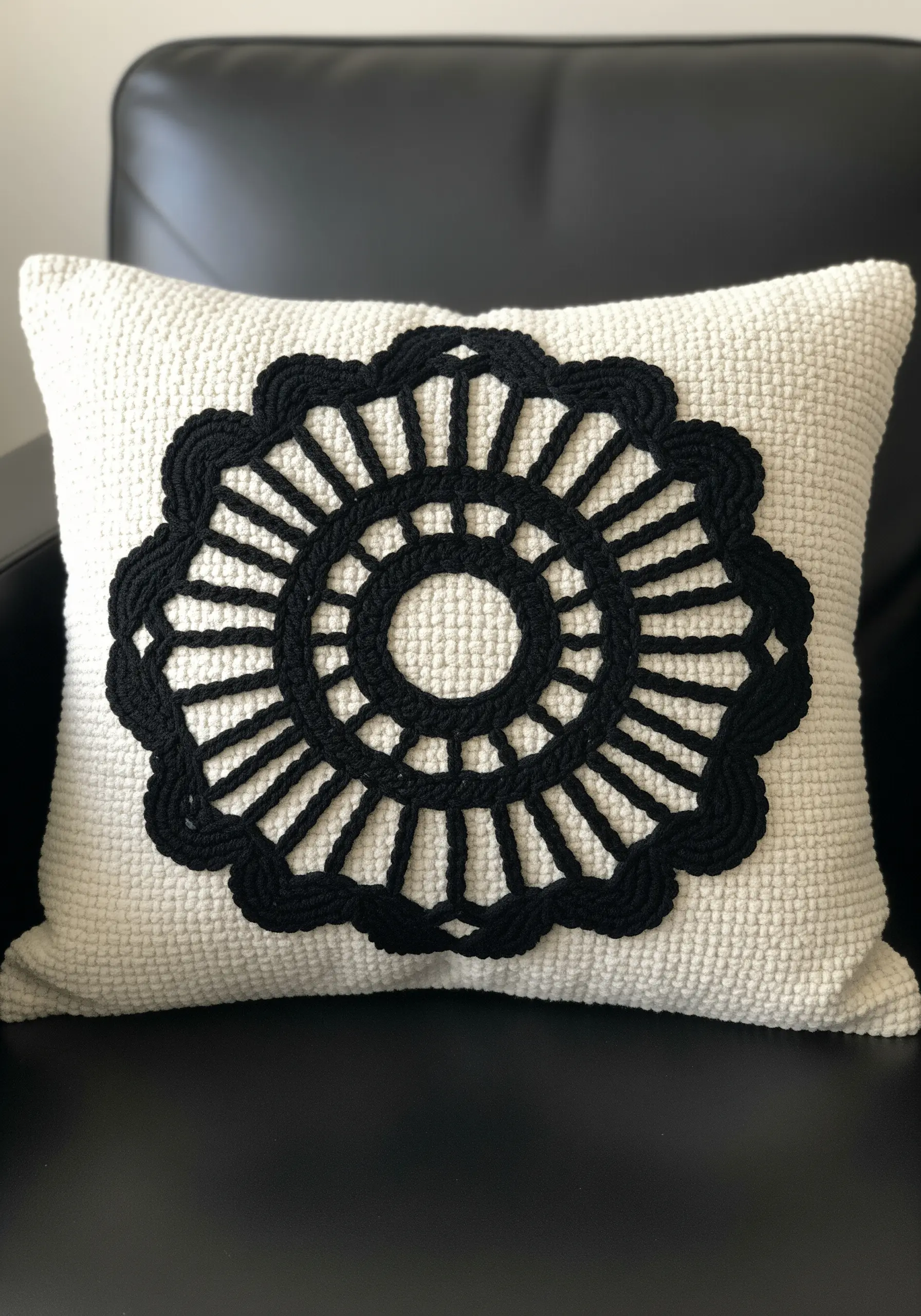 A bold black floral mandala appliquéd onto a white textured pillow, creating a high-contrast look.