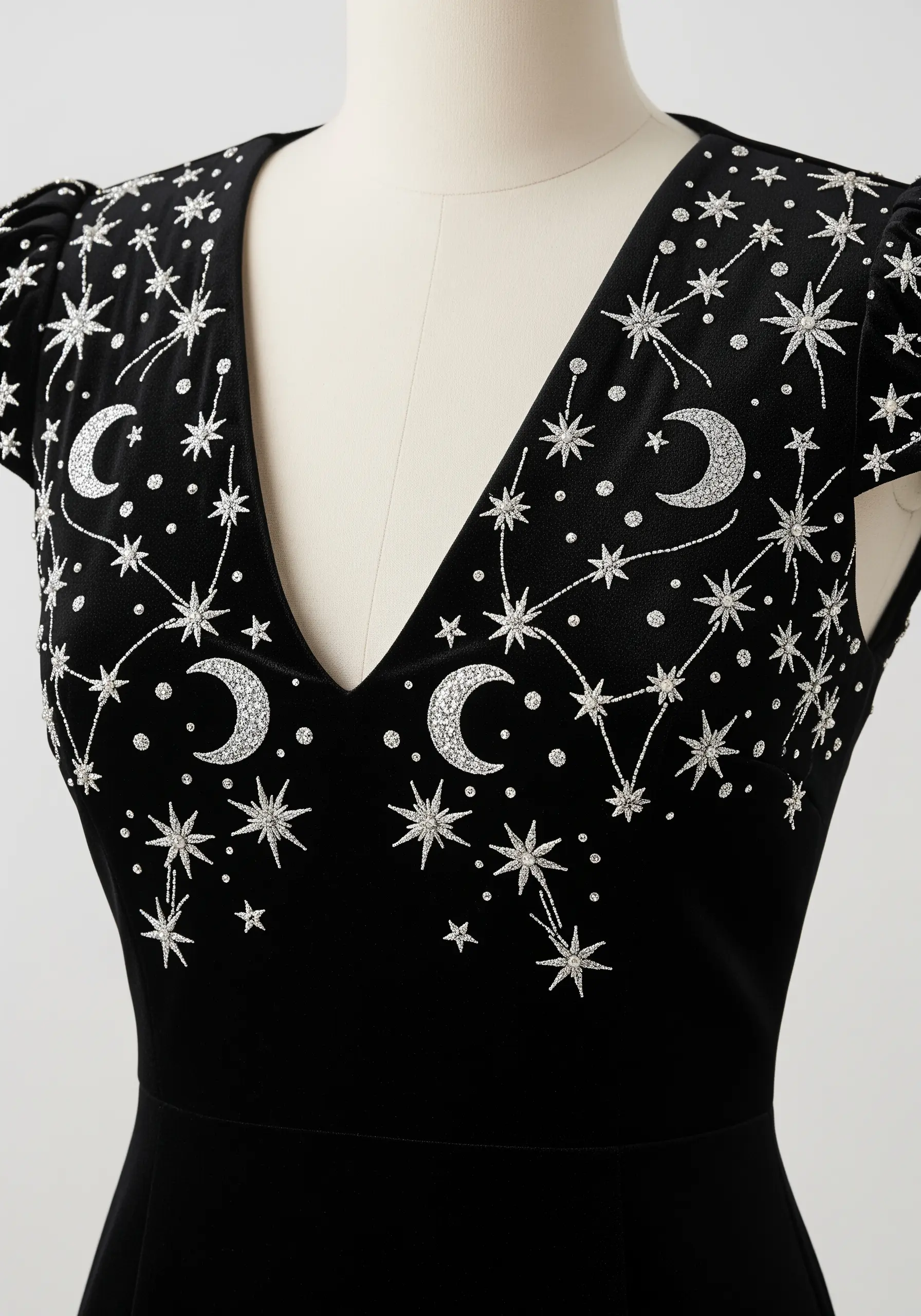 Silver glitter thread moons and stars embroidered on the bodice of a black V-neck dress.