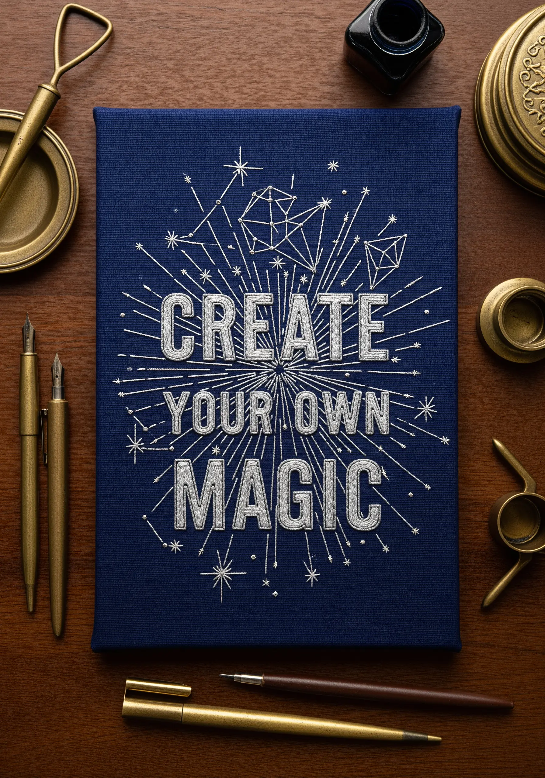 “Create your own magic” quote embroidered in white on dark blue canvas with starburst details.