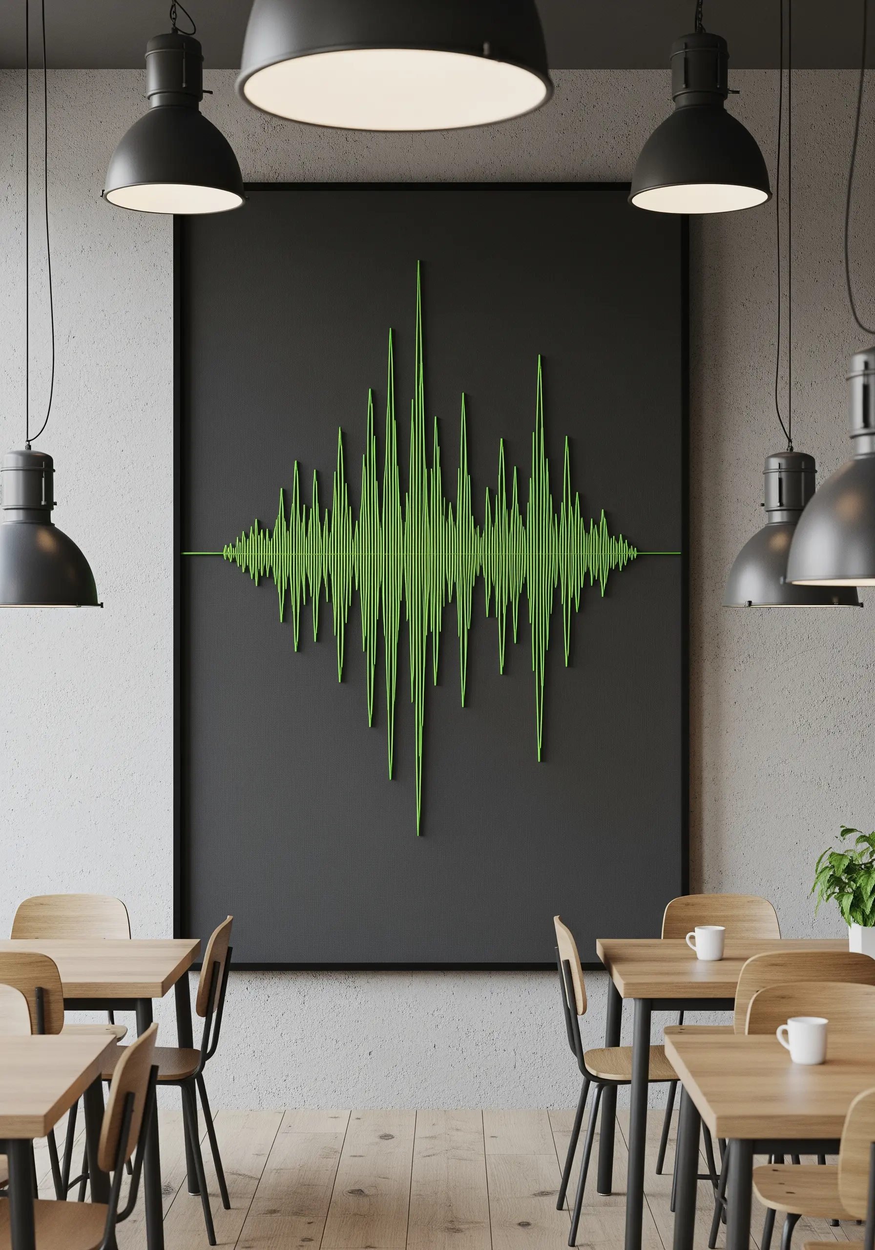A neon green soundwave created with cord on a large black canvas.