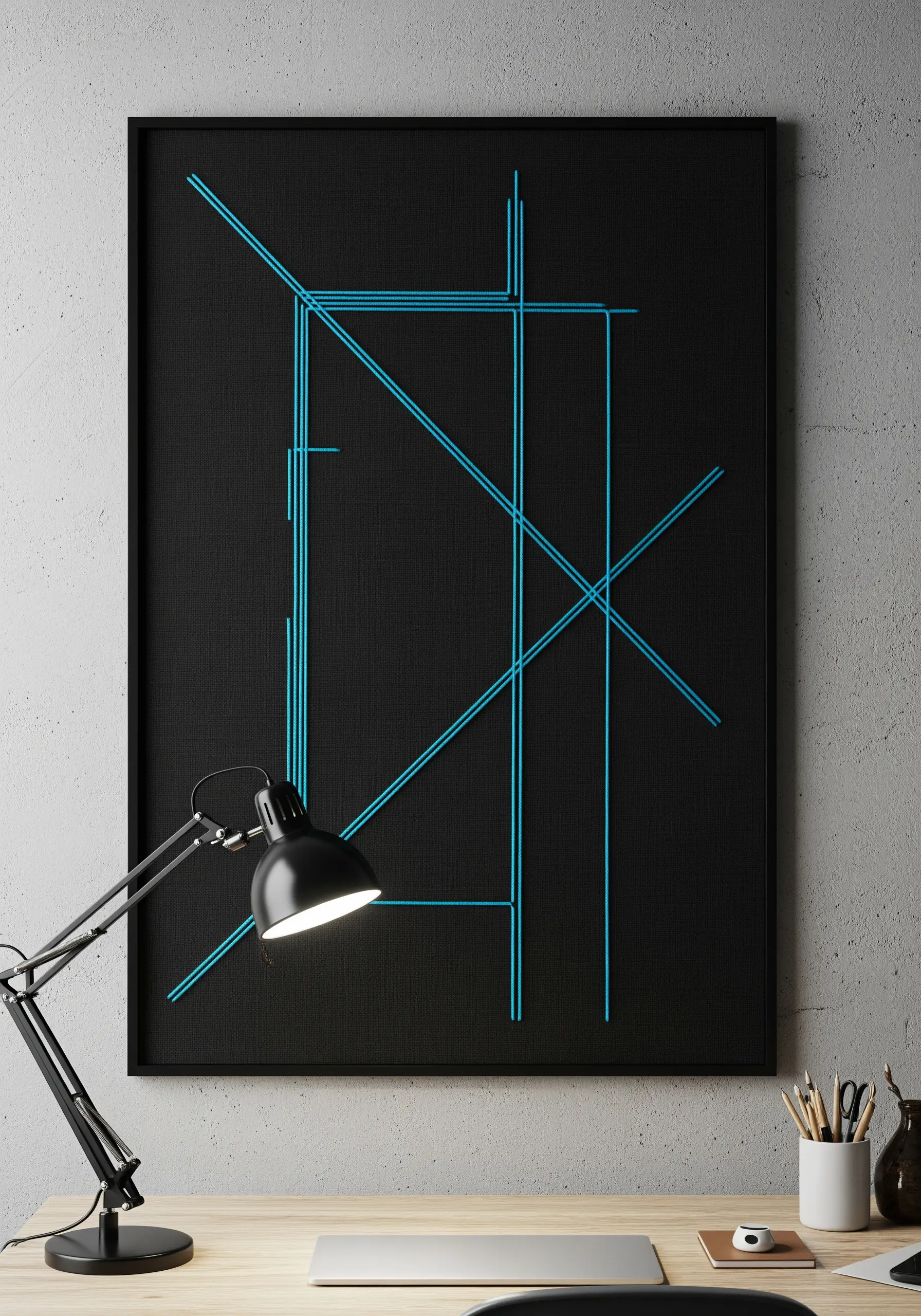 Abstract geometric pattern stitched with bright blue cord on a black canvas.