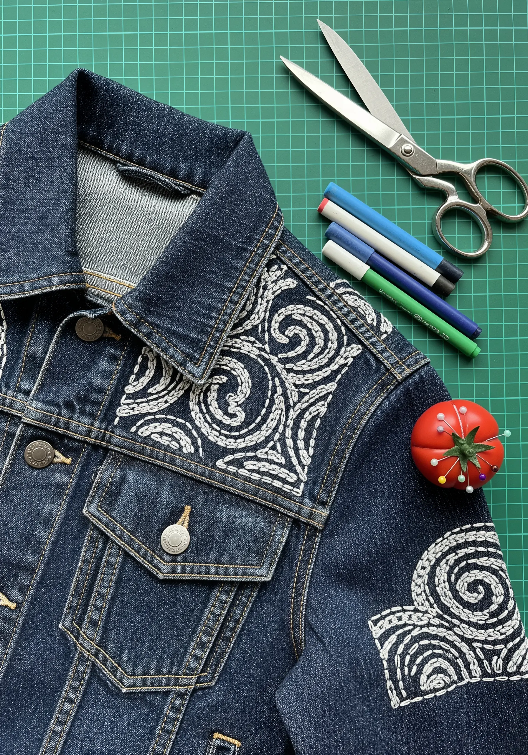Denim jacket collar featuring intricate white geometric sashiko stitching