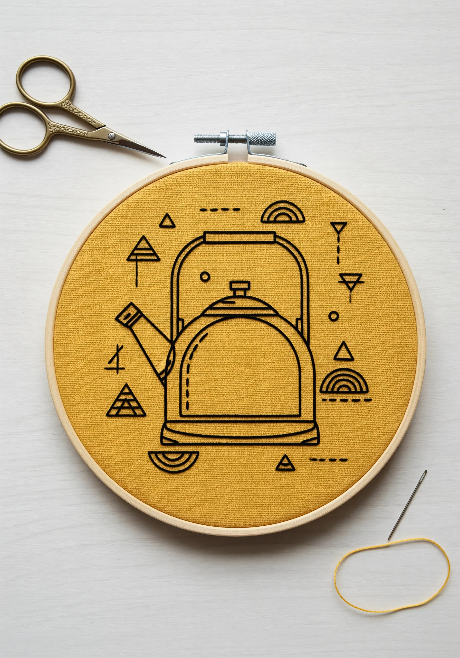 Black line art of a kettle on mustard yellow fabric
