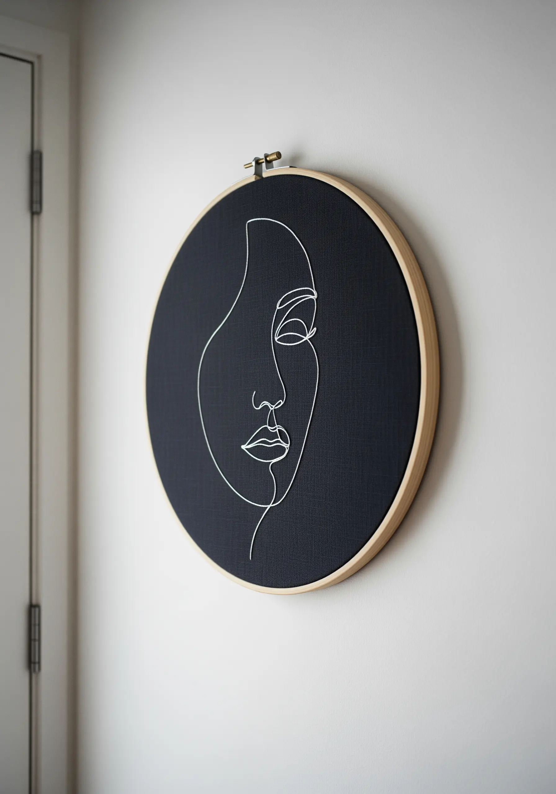 A minimalist, continuous line art portrait of a face stitched in white on black fabric.