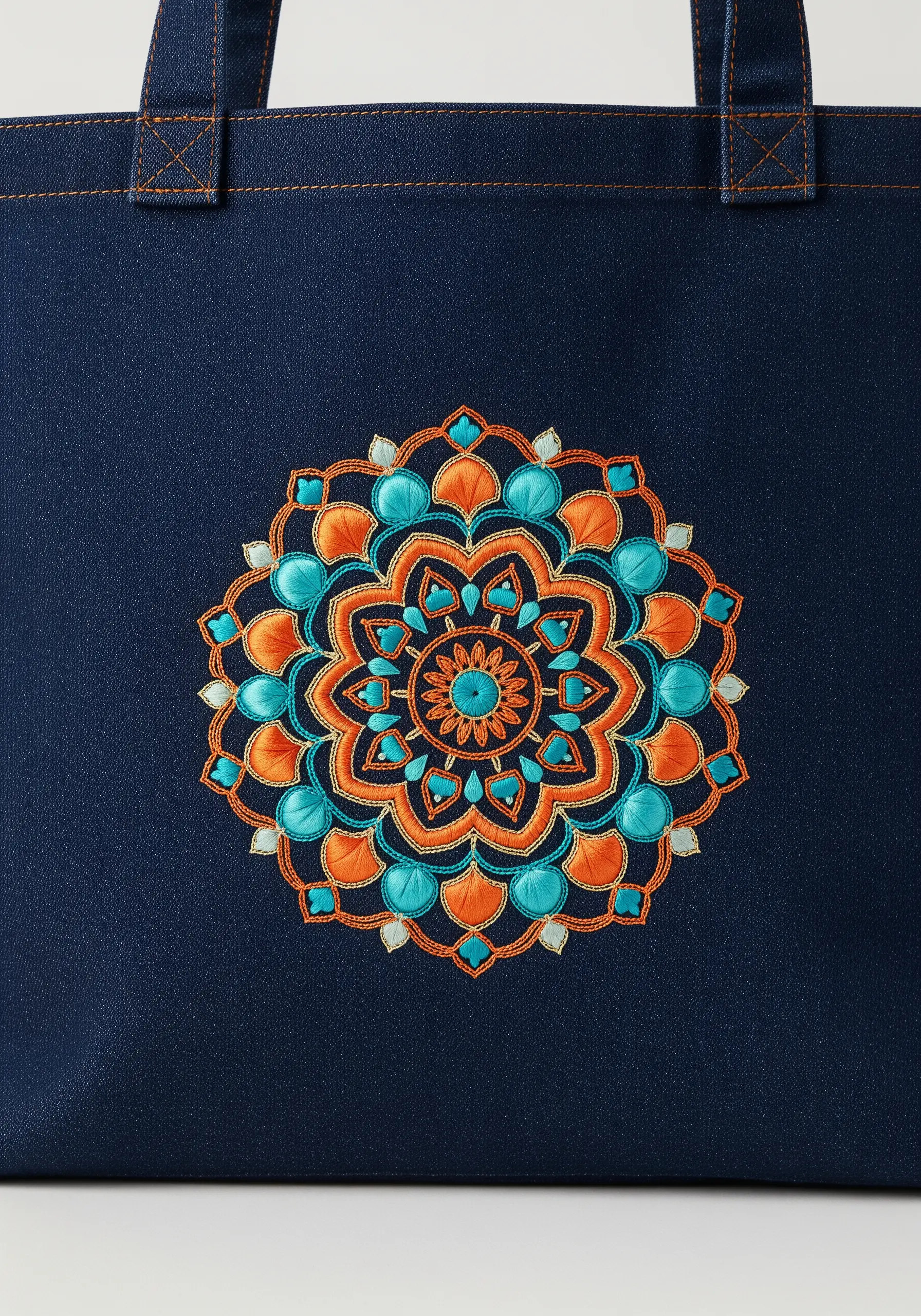 A vibrant orange and teal embroidered mandala on a dark denim tote bag.