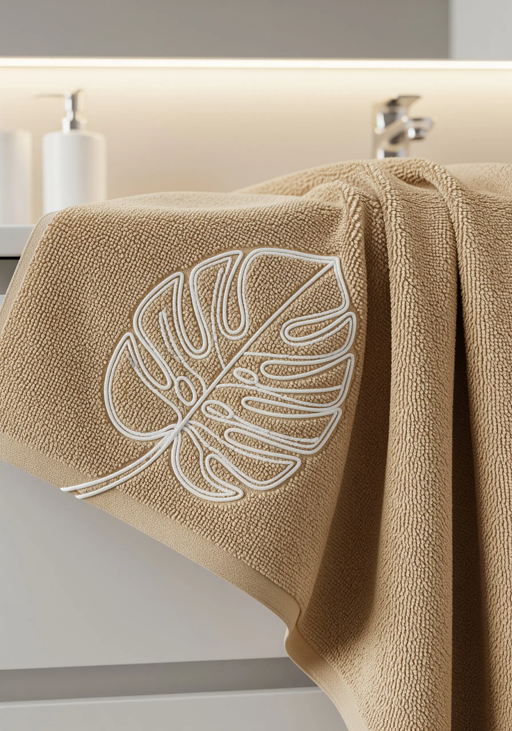 Raised white line embroidery of a monstera leaf on a plush beige towel.
